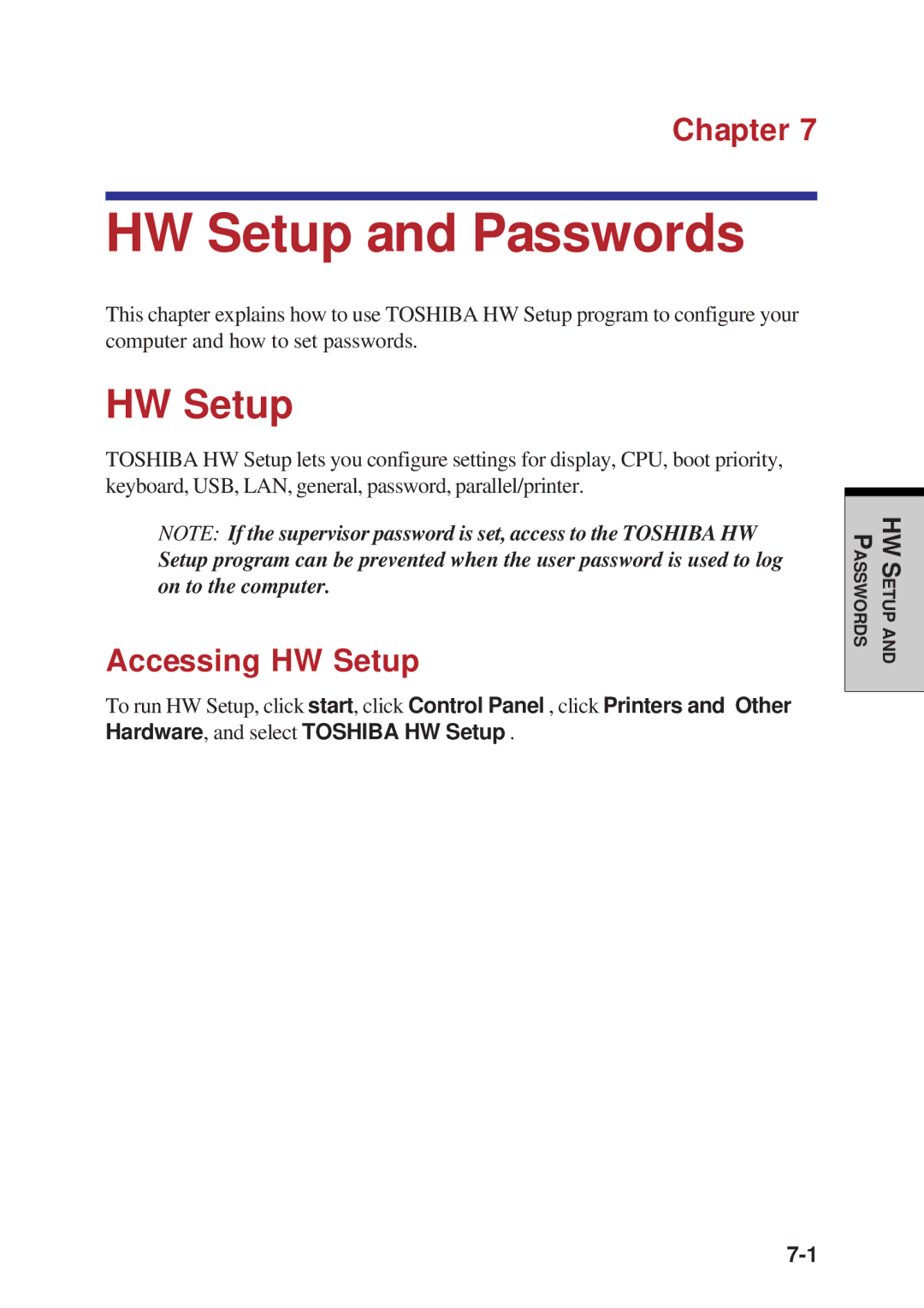 Toshiba A60 user manual Accessing HW Setup 