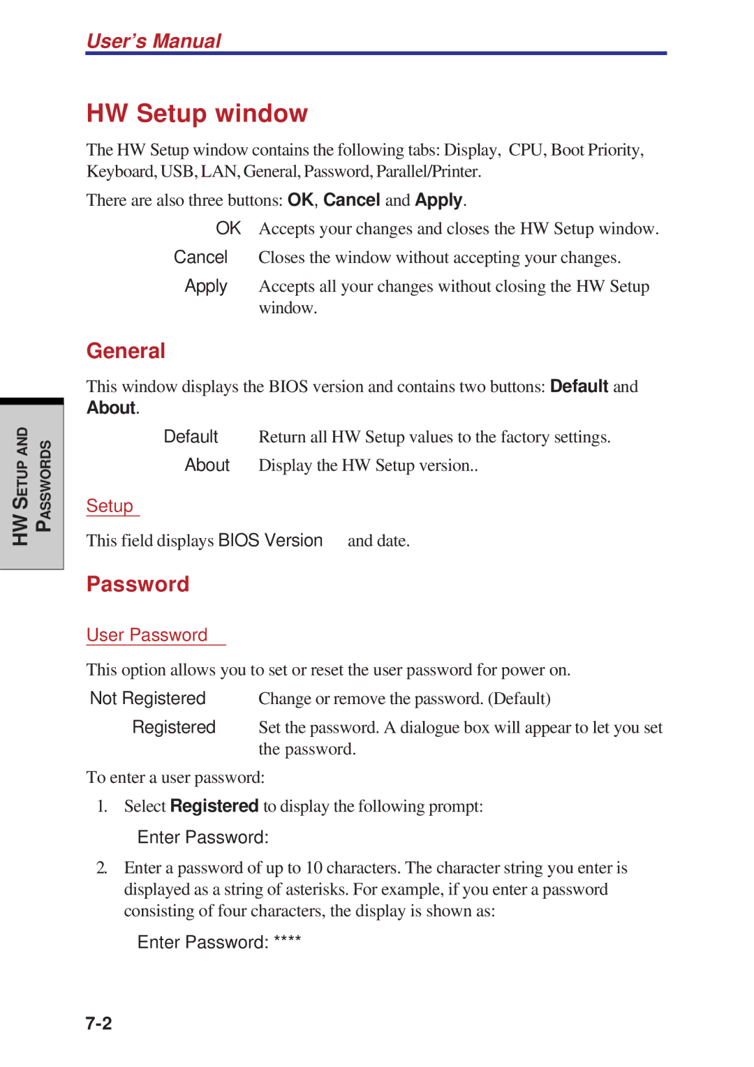 Toshiba A60 user manual HW Setup window, General, Password 