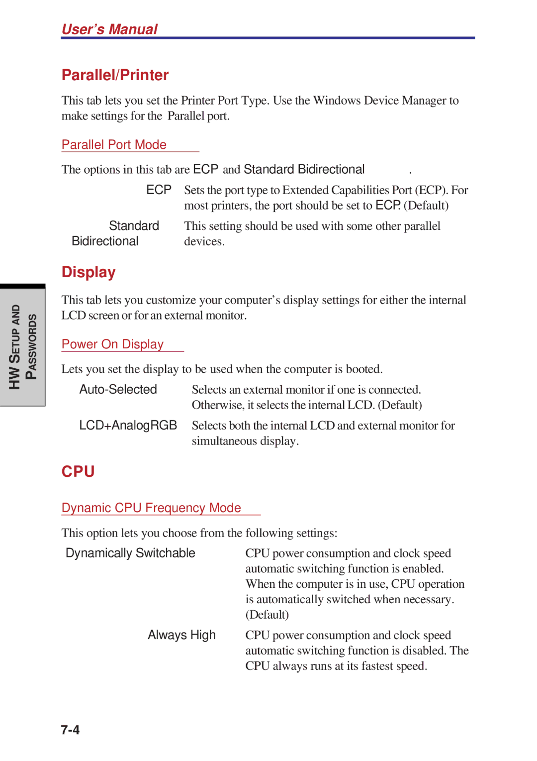 Toshiba A60 user manual Parallel/Printer, Parallel Port Mode 