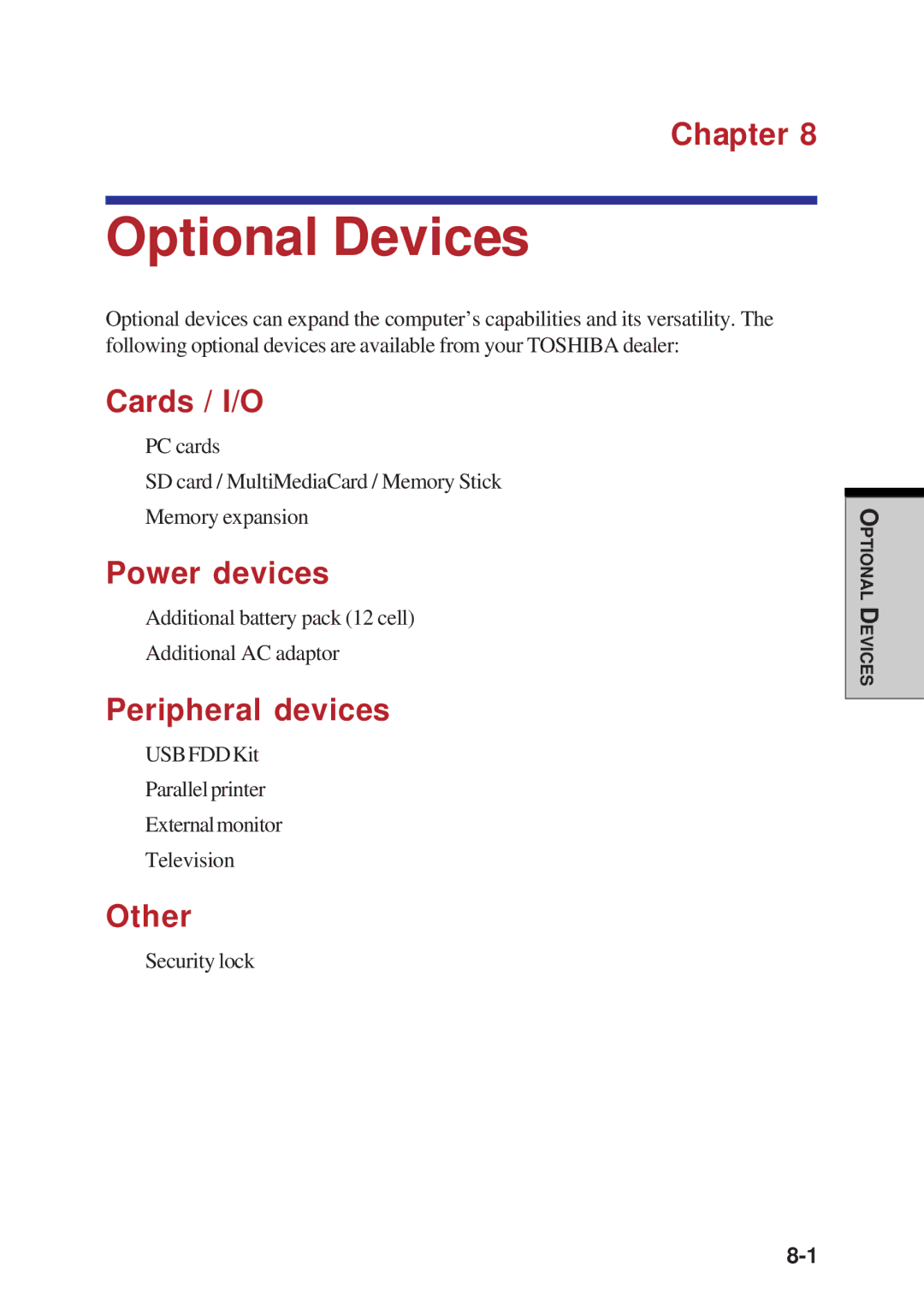 Toshiba A60 user manual Cards / I/O, Power devices, Peripheral devices, Other 