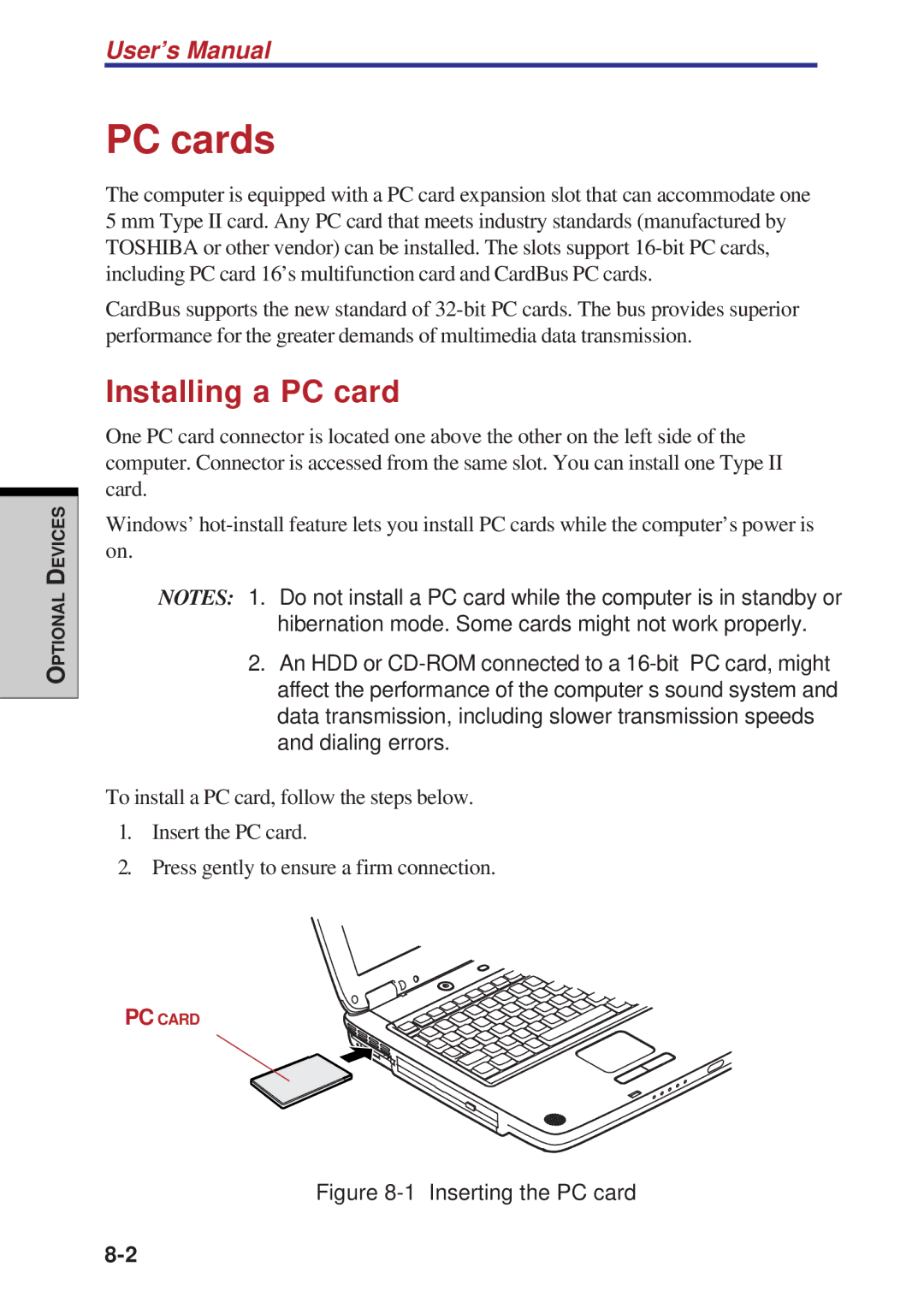 Toshiba A60 user manual PC cards, Installing a PC card 