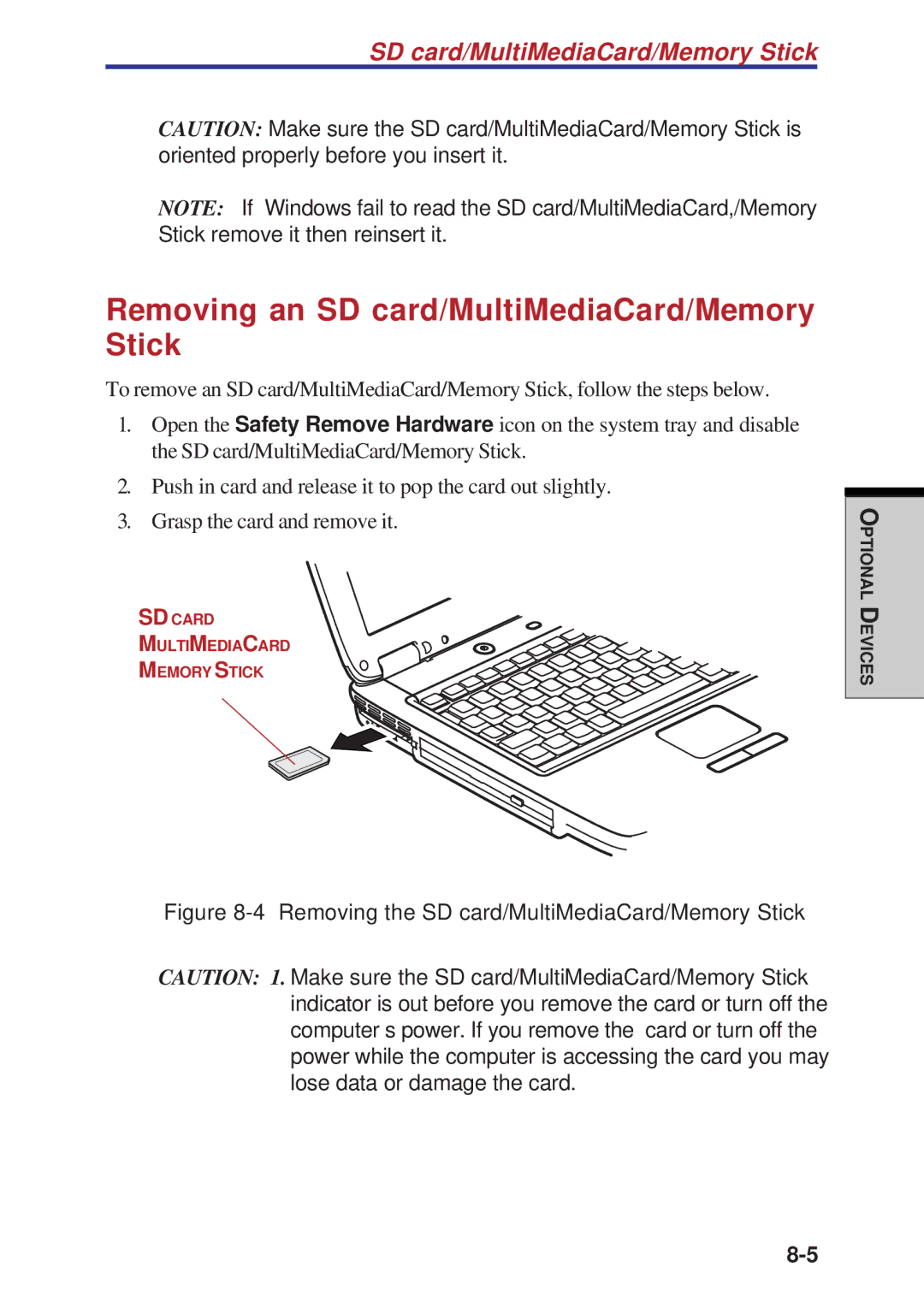 Toshiba A60 user manual Removing an SD card/MultiMediaCard/Memory Stick, Removing the SD card/MultiMediaCard/Memory Stick 