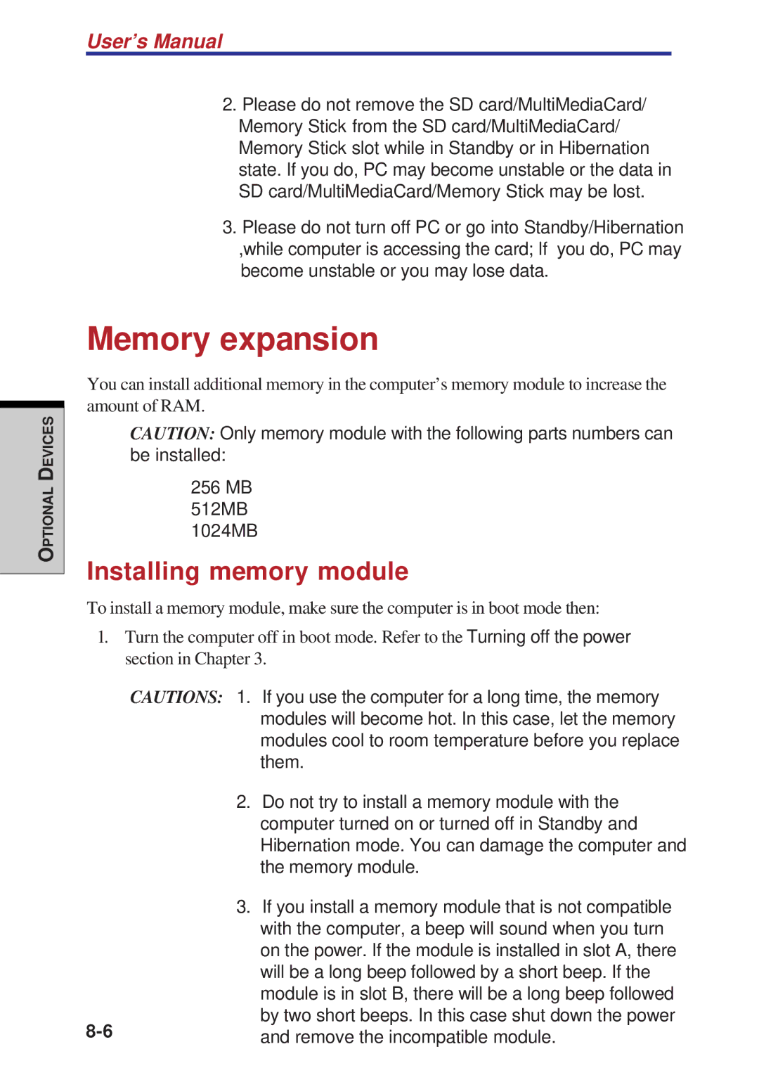 Toshiba A60 user manual Memory expansion, Installing memory module 