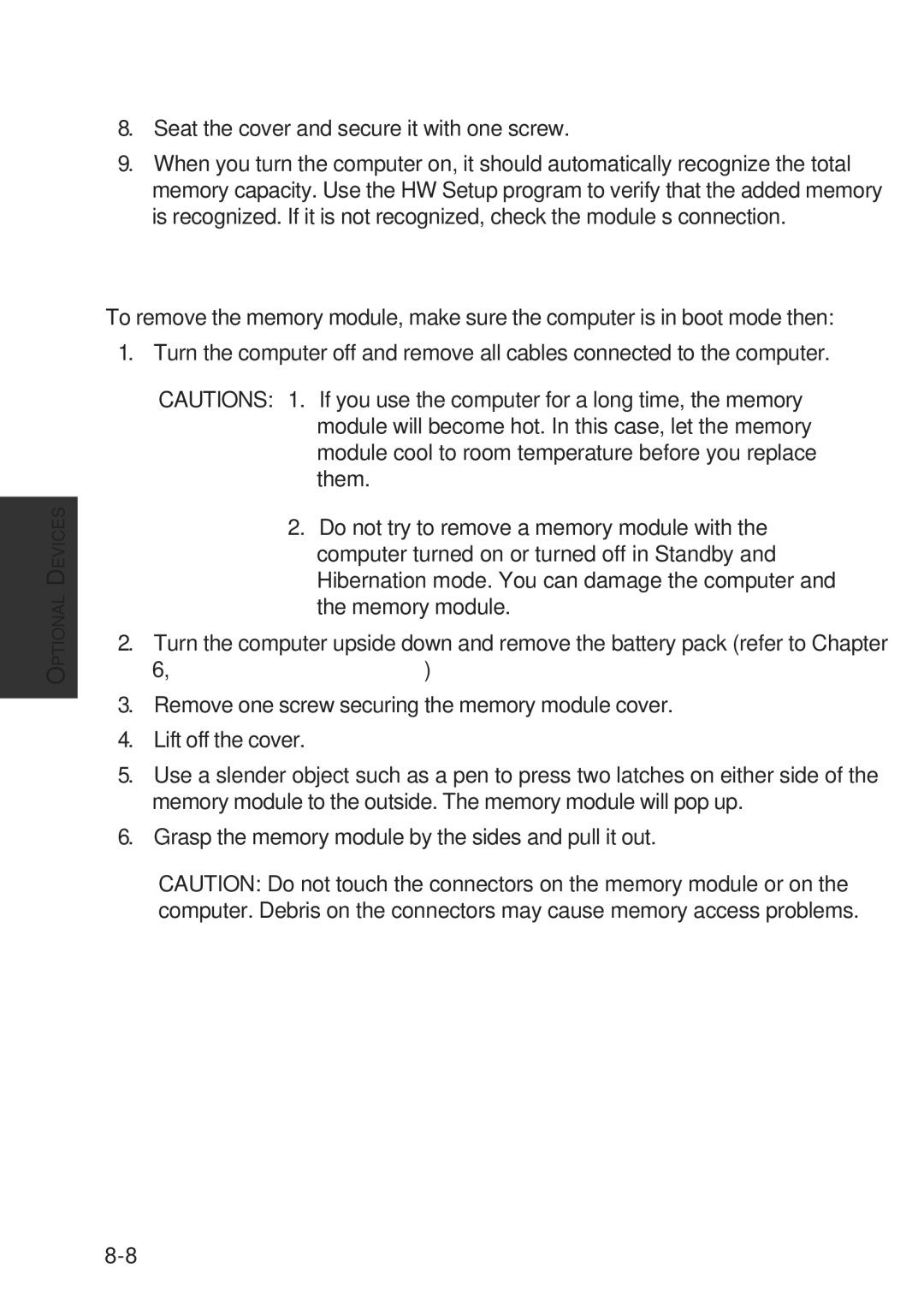 Toshiba A60 user manual Removing memory module, Seat the cover and secure it with one screw 