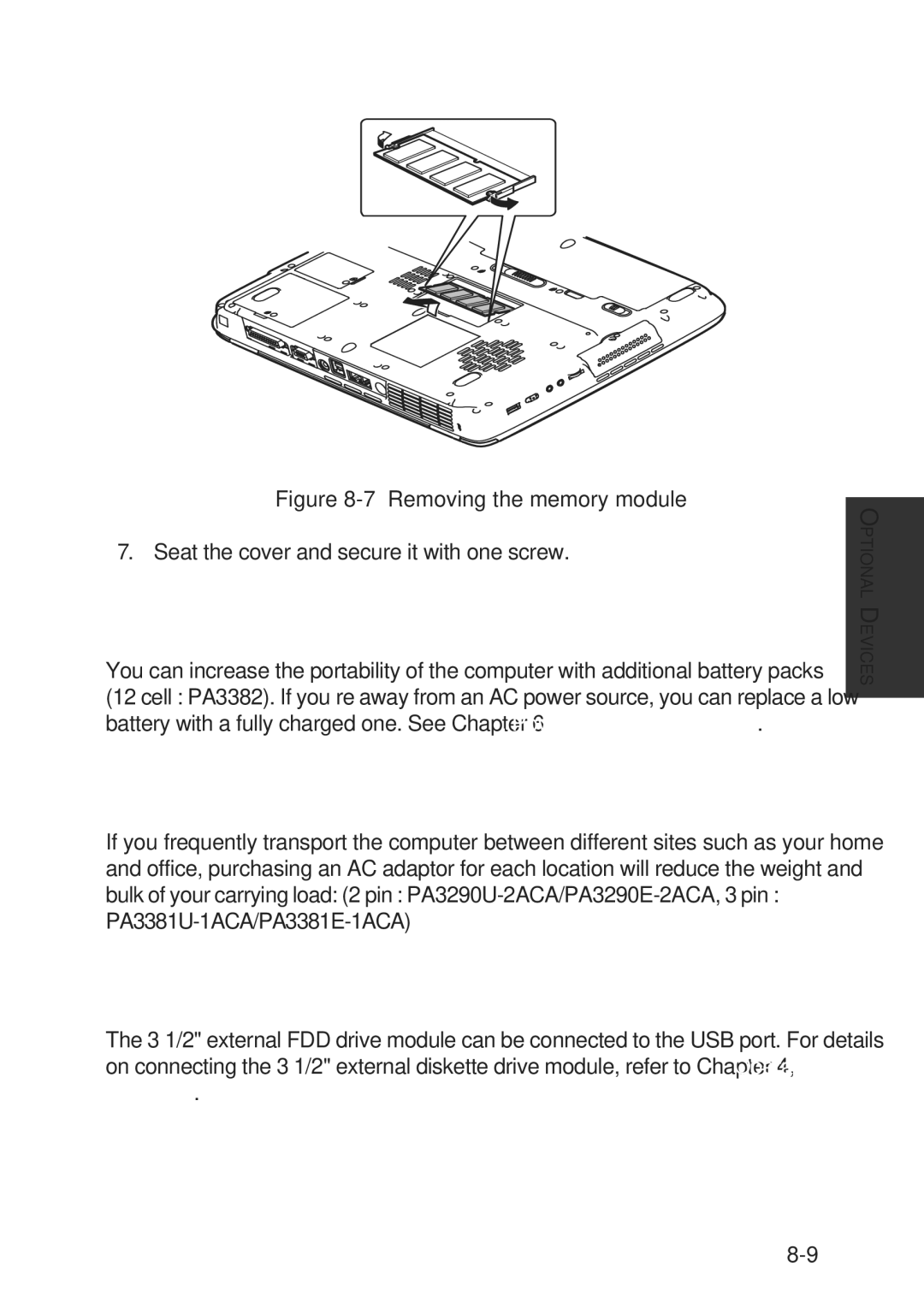 Toshiba A60 user manual Additional battery pack 12 Cell, Additional AC adaptor, USB FDD Kit 