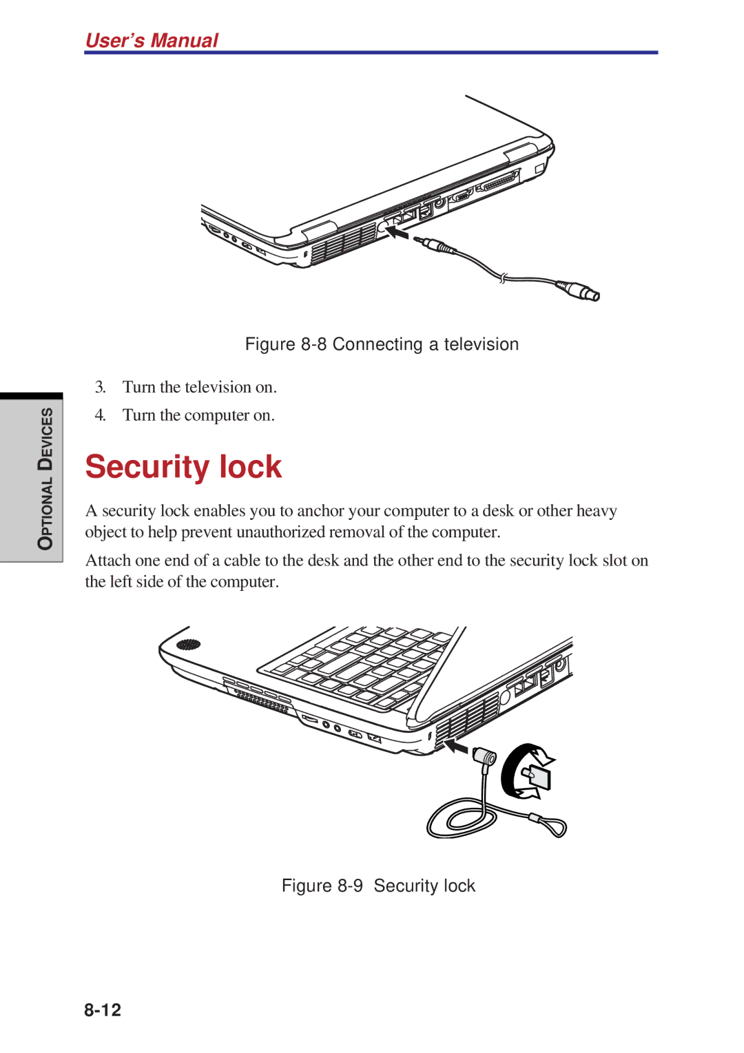 Toshiba A60 user manual Security lock, Connecting a television 