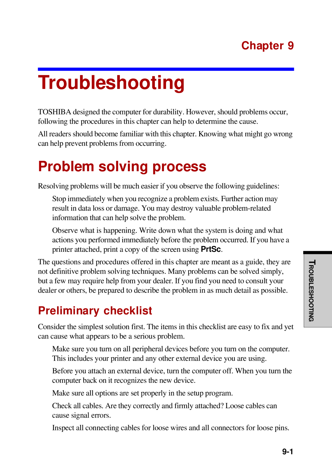 Toshiba A60 user manual Troubleshooting, Problem solving process, Preliminary checklist 