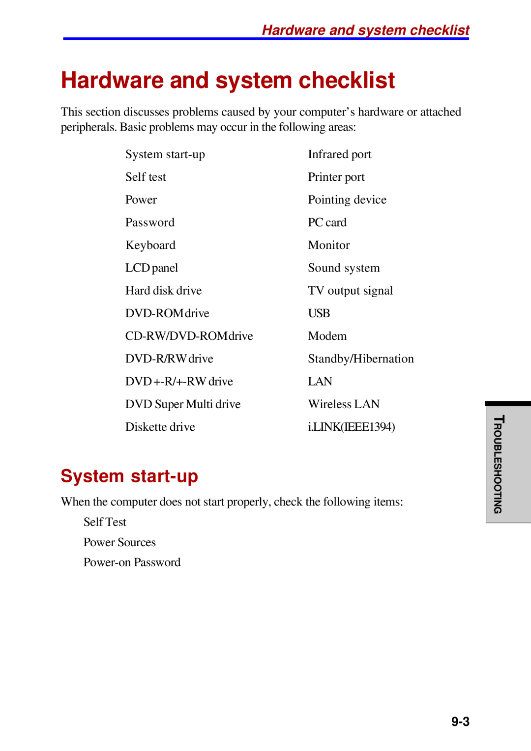 Toshiba A60 user manual Hardware and system checklist, System start-up 