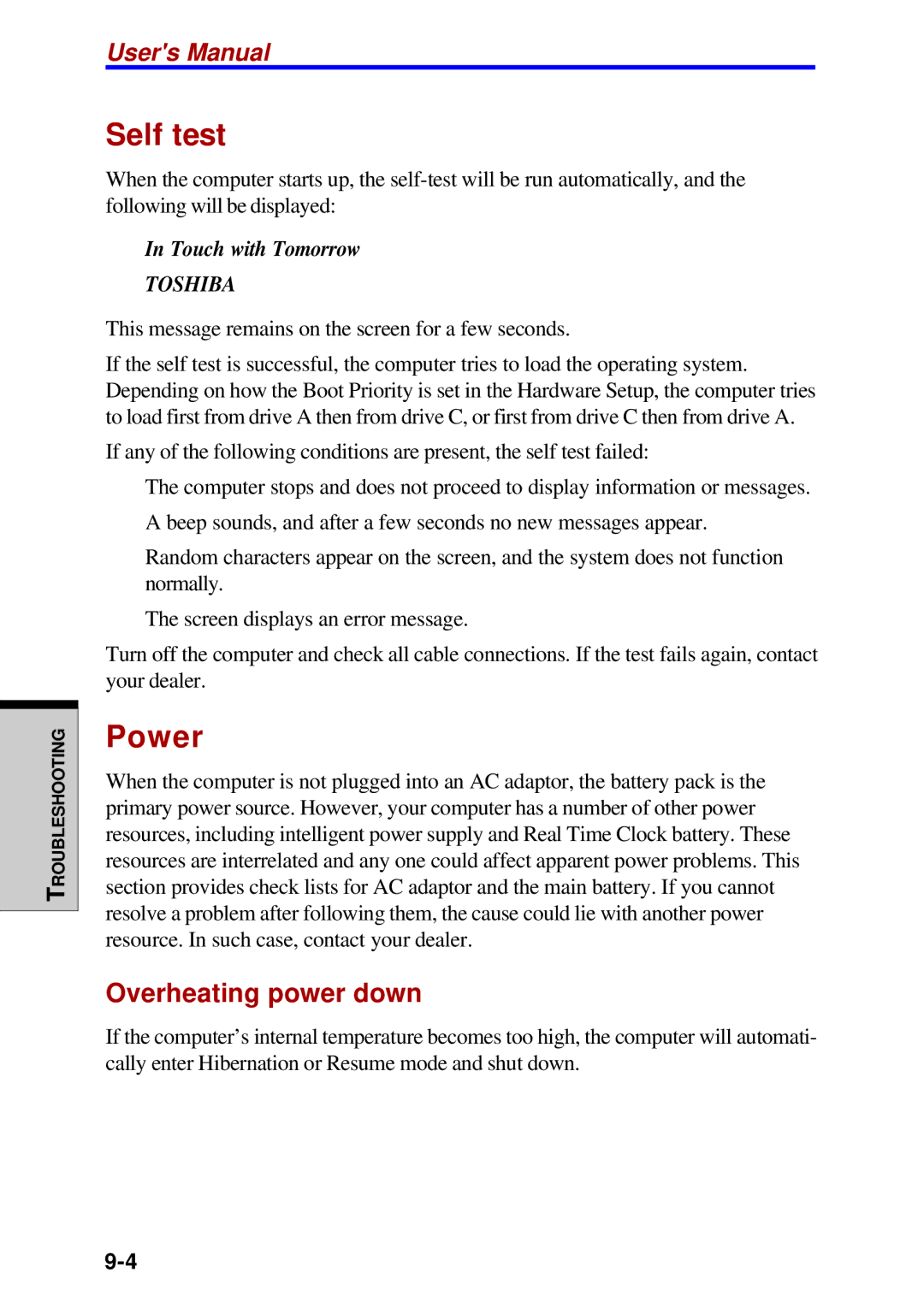 Toshiba A60 user manual Self test, Power 