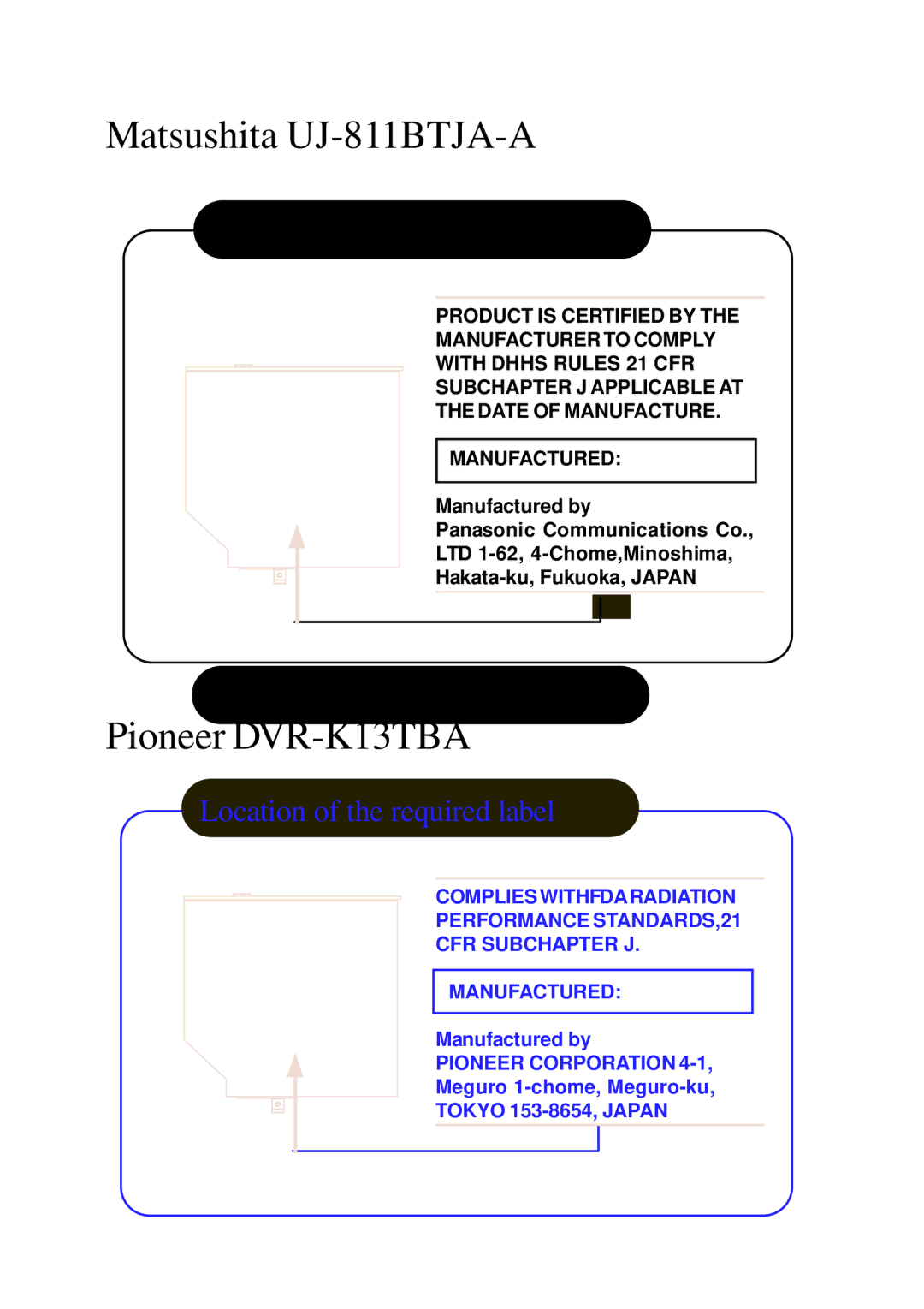 Toshiba A60 user manual Matsushita UJ-811BTJA-A, Pioneer DVR-K13TBA 