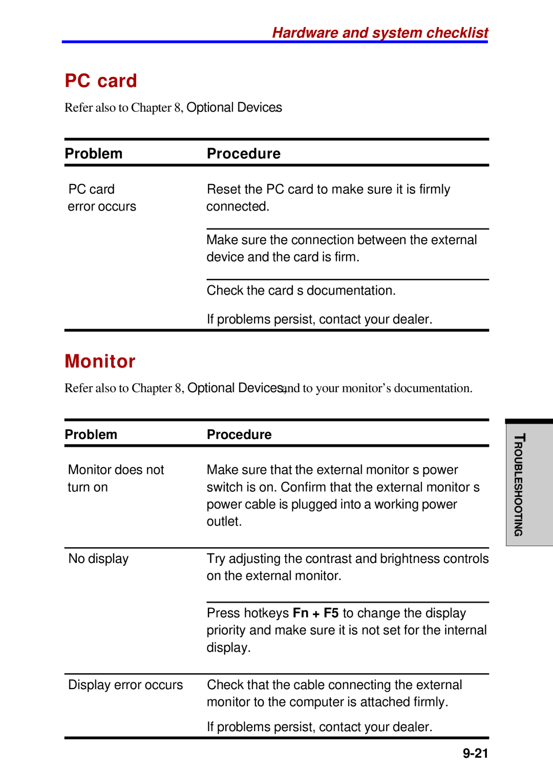 Toshiba A60 user manual PC card, Monitor 