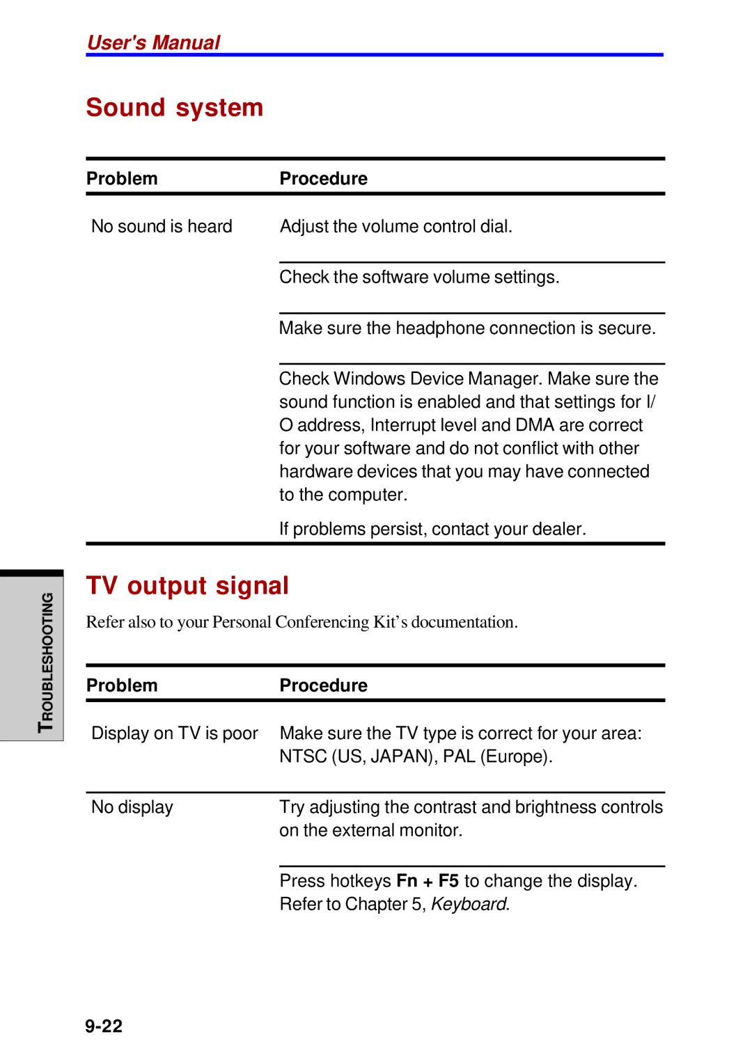 Toshiba A60 user manual Sound system, TV output signal 