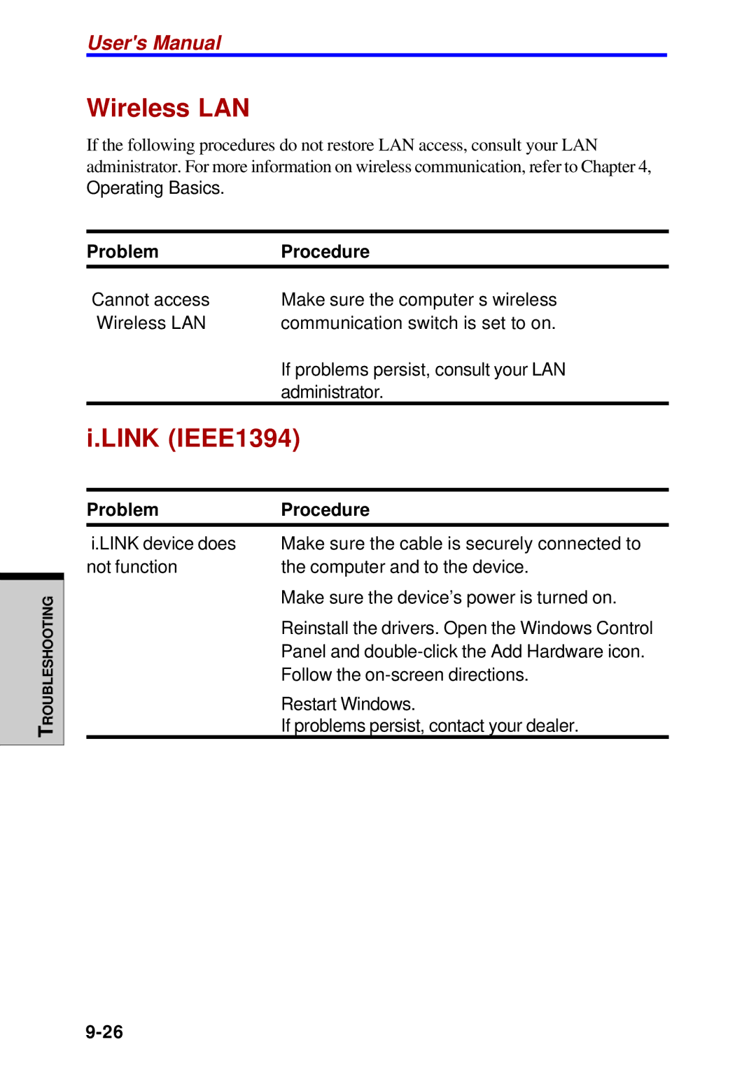 Toshiba A60 user manual Wireless LAN, Link IEEE1394 