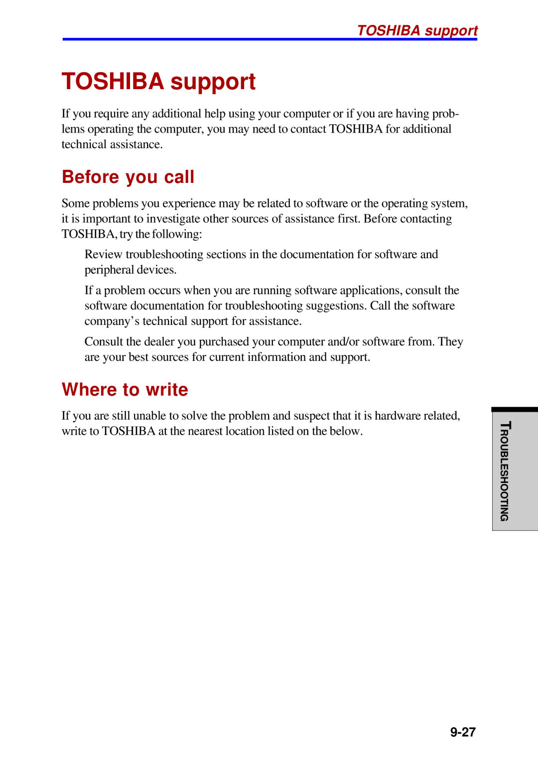 Toshiba A60 user manual Toshiba support, Before you call, Where to write 