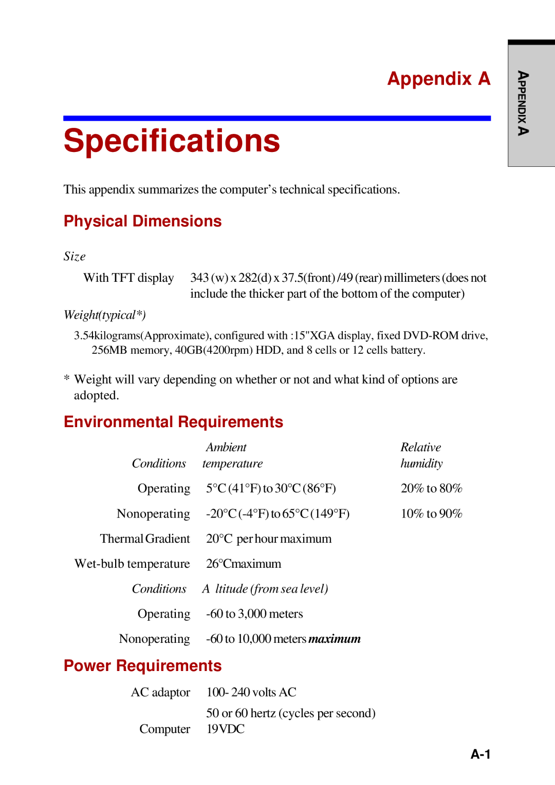 Toshiba A60 user manual Specifications, Appendix a 