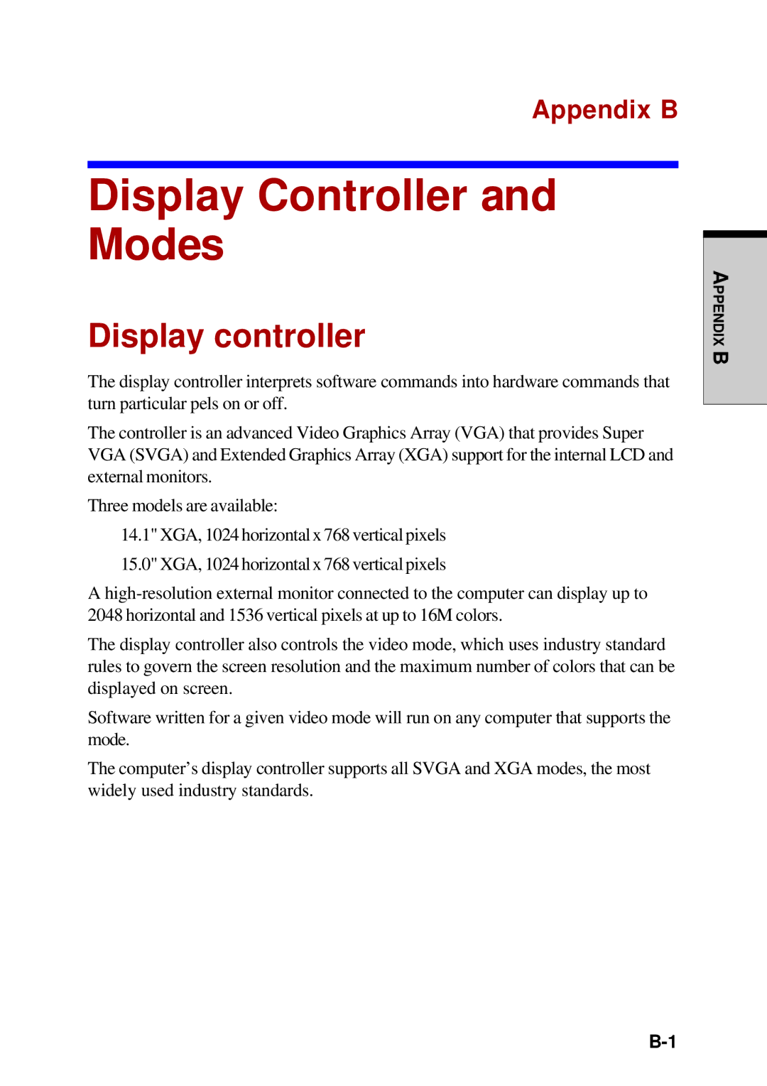 Toshiba A60 user manual Display Controller and Modes, Display controller, Appendix B 