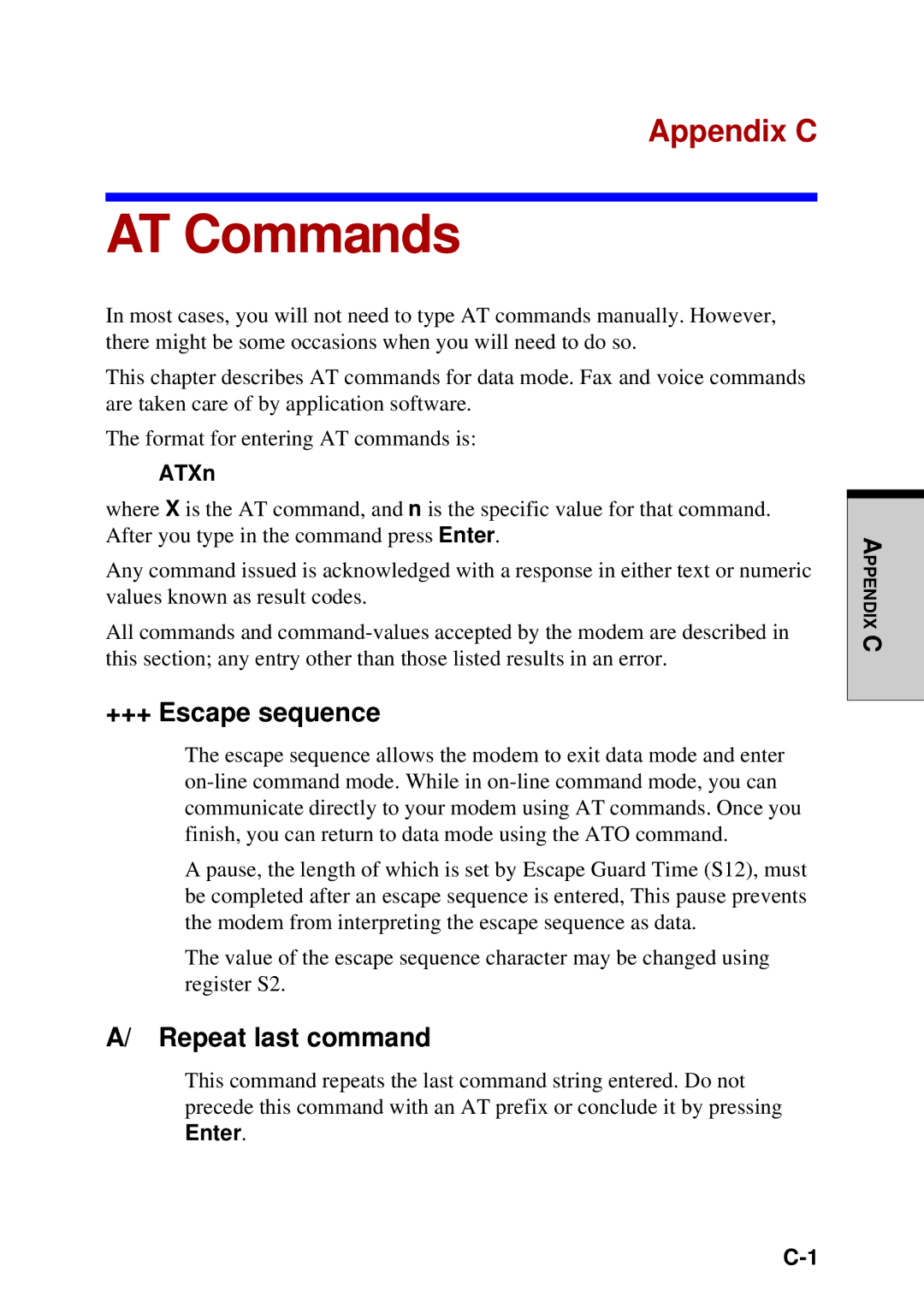 Toshiba A60 user manual AT Commands, Appendix C, +++ Escape sequence, Repeat last command, ATXn 