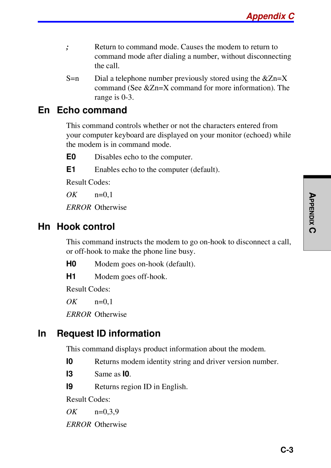 Toshiba A60 user manual En Echo command, Hn Hook control, Request ID information, Appendix C 