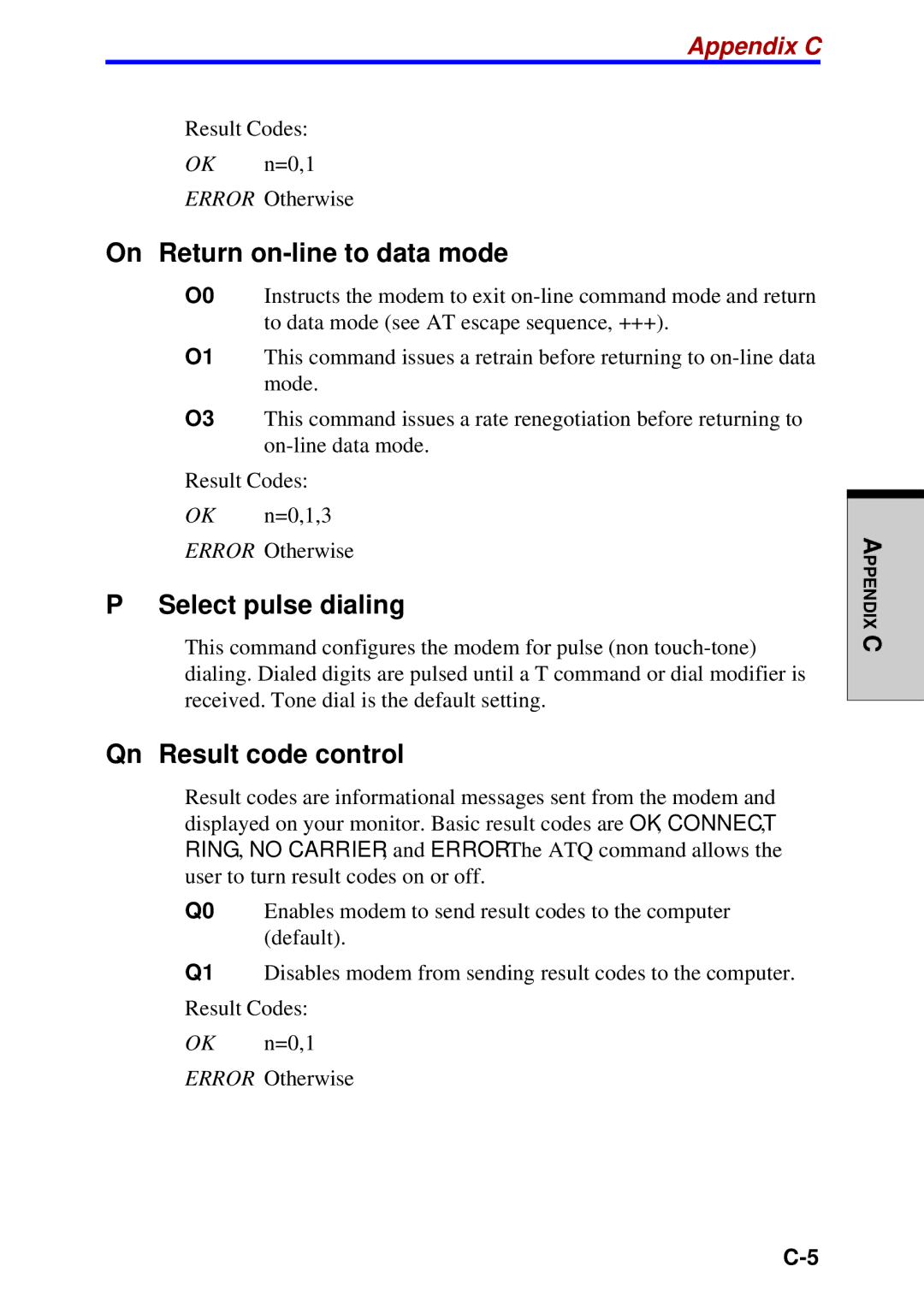 Toshiba A60 user manual On Return on-line to data mode, Select pulse dialing, Qn Result code control 