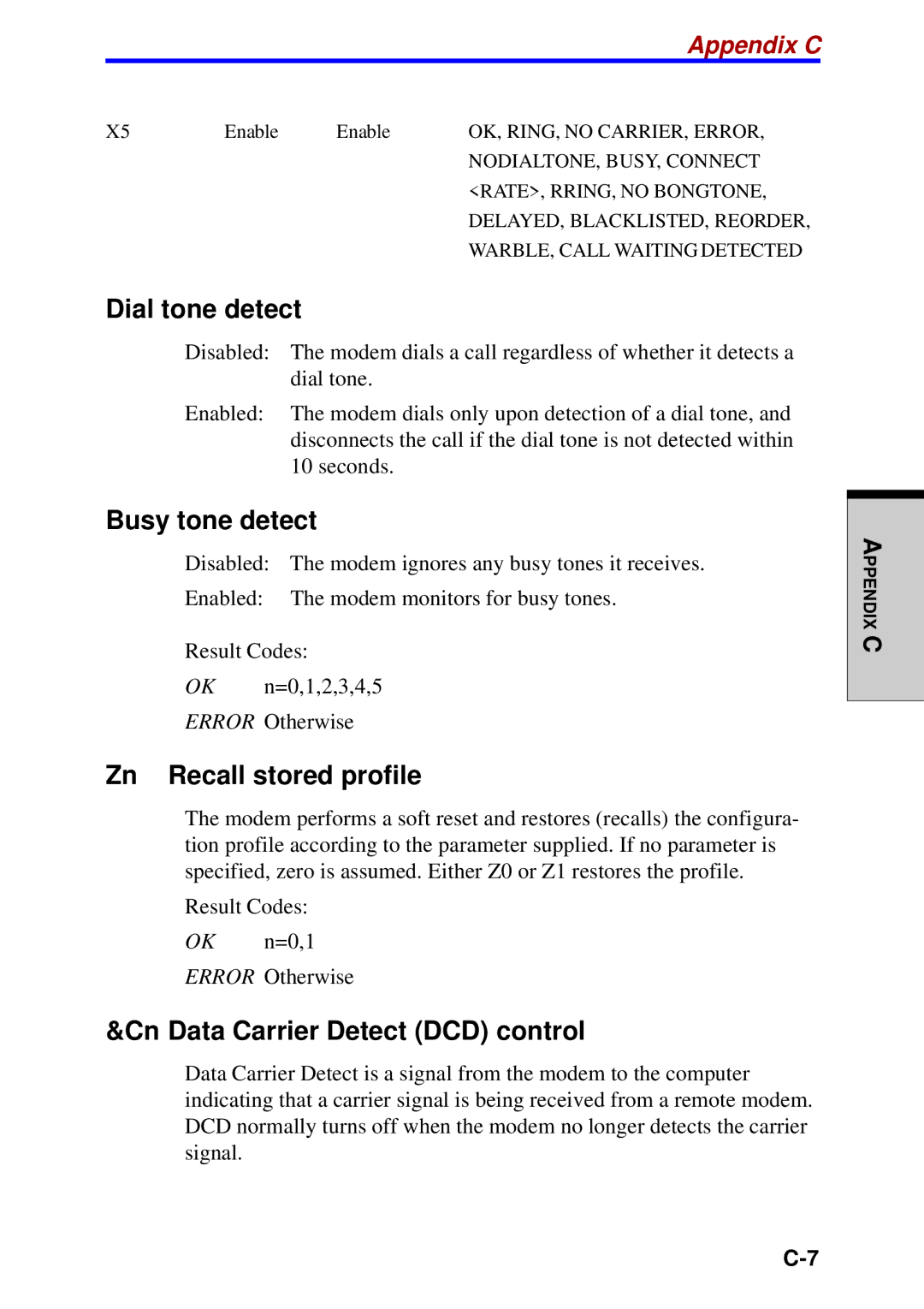 Toshiba A60 user manual Dial tone detect, Busy tone detect, Zn Recall stored profile, Cn Data Carrier Detect DCD control 