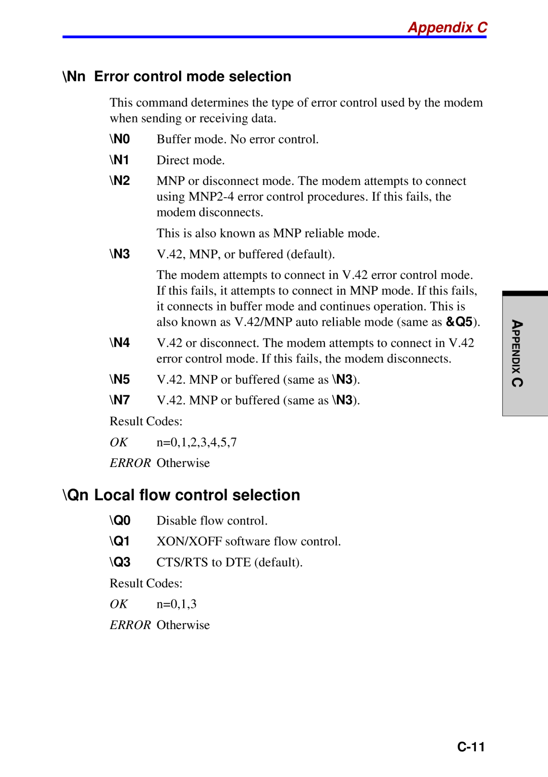 Toshiba A60 user manual Qn Local flow control selection, Nn Error control mode selection 