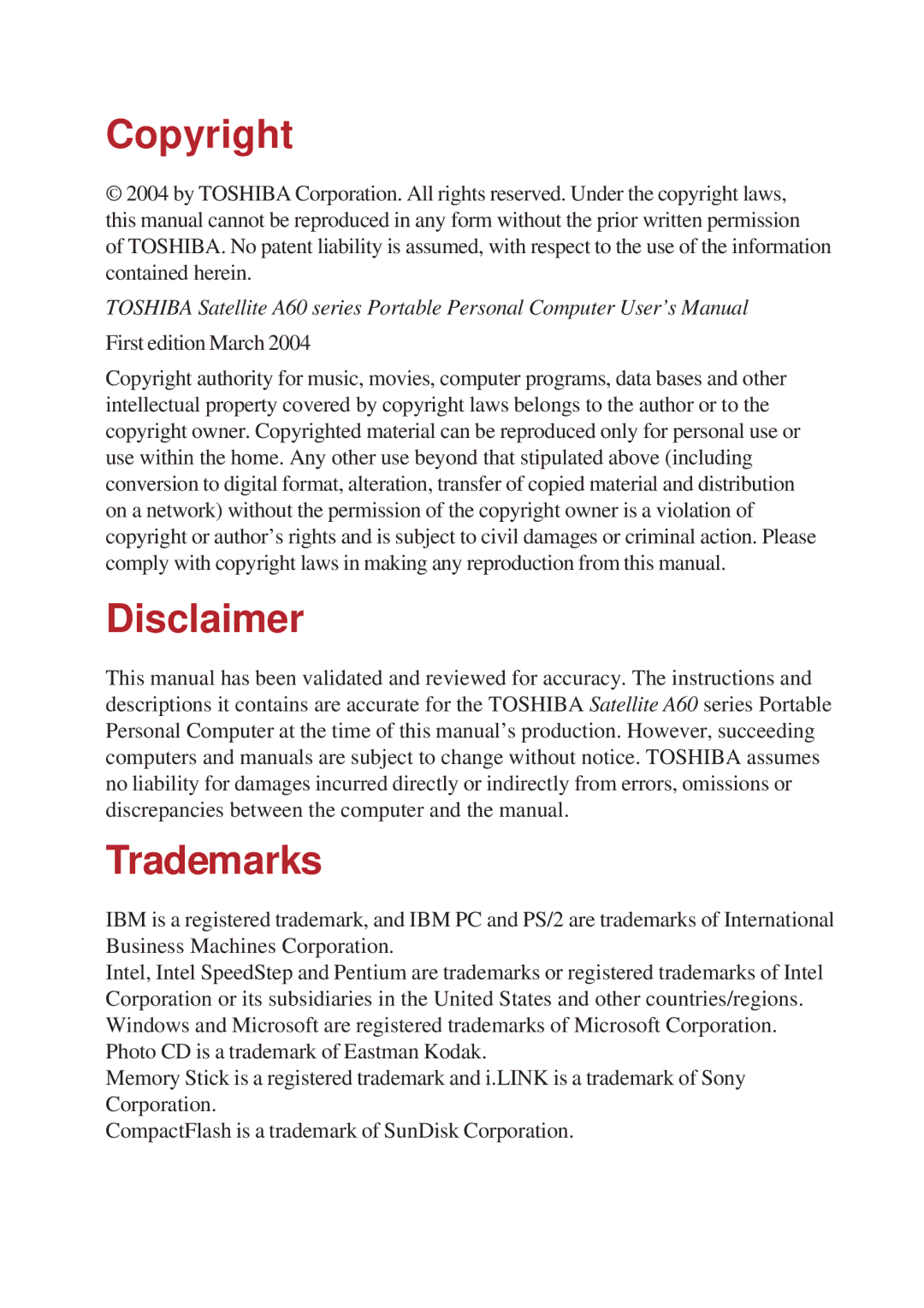 Toshiba A60 user manual Copyright, Disclaimer, Trademarks 