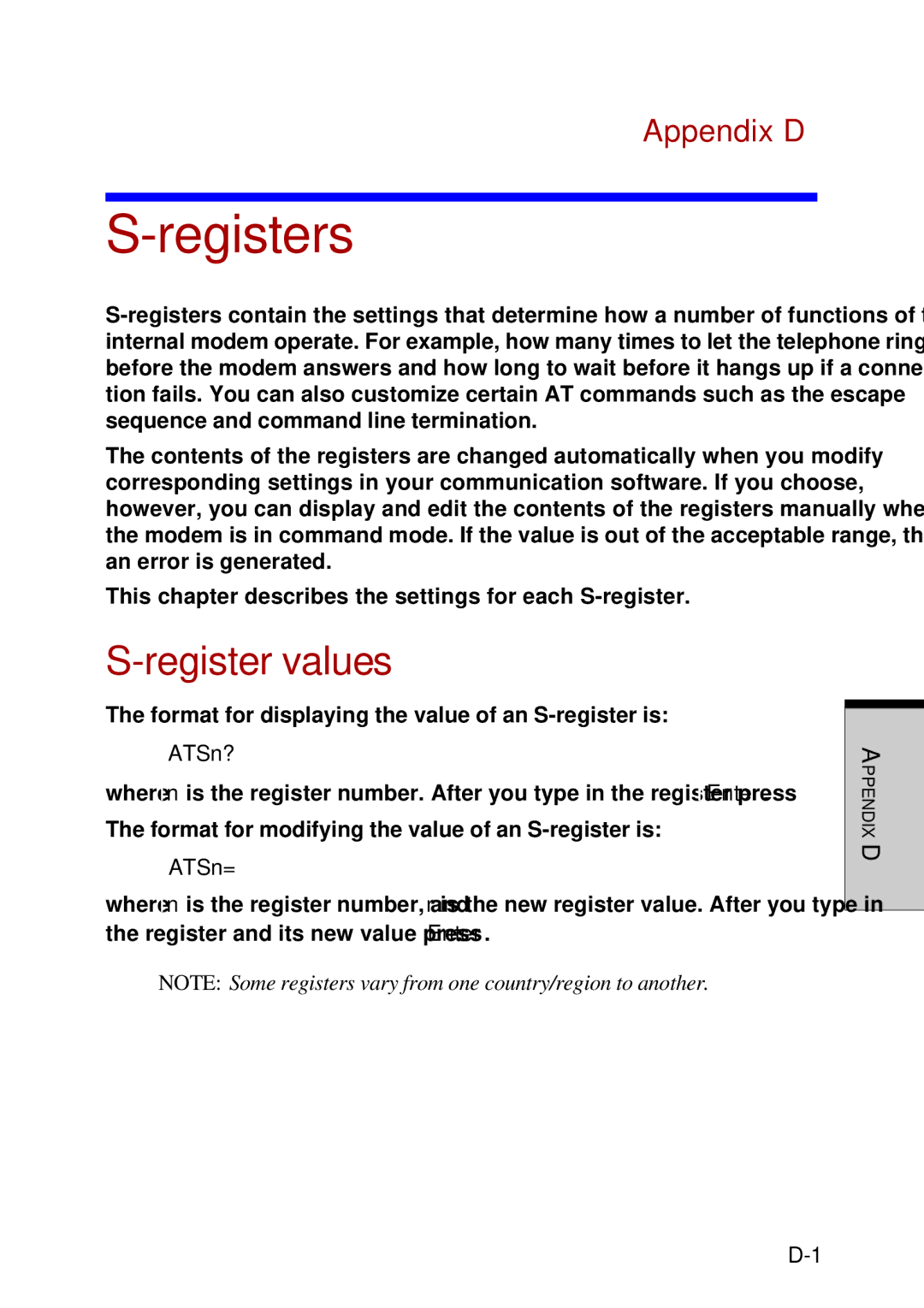 Toshiba A60 user manual Registers, Register values, Appendix D, ATSn?, ATSn= 