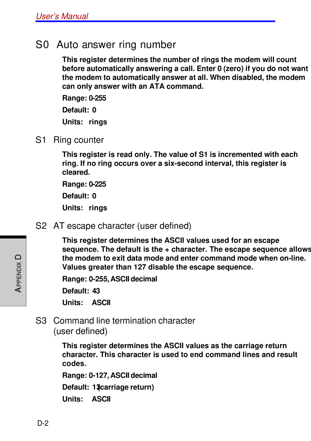 Toshiba A60 S1 Ring counter, S2 AT escape character user defined, S3 Command line termination character user defined 