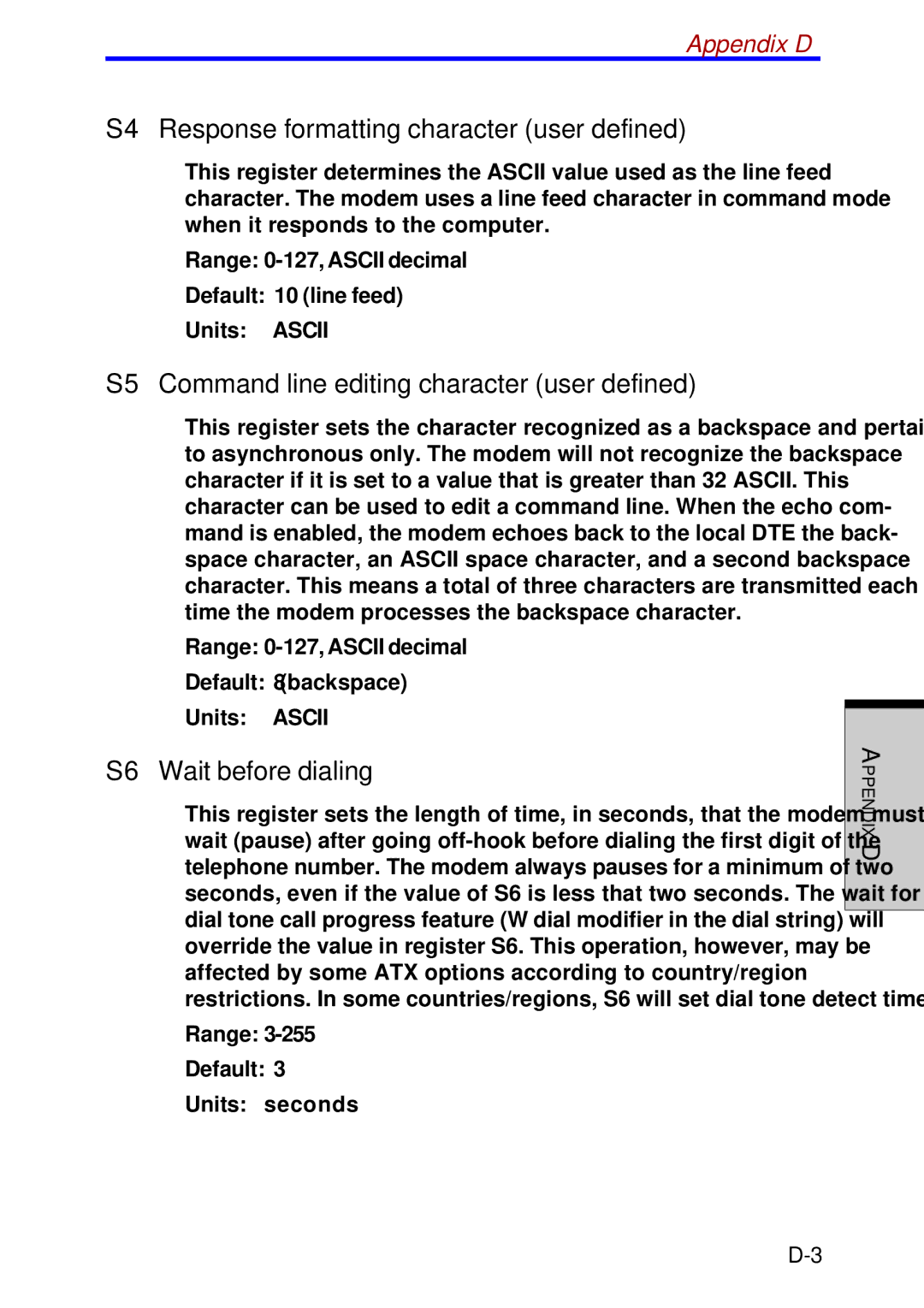 Toshiba A60 S4 Response formatting character user defined, S5 Command line editing character user defined, Appendix D 