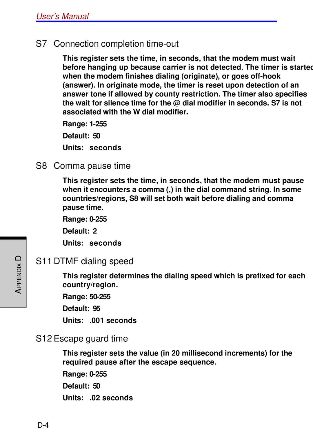 Toshiba A60 S7 Connection completion time-out, S8 Comma pause time, S11 Dtmf dialing speed, S12 Escape guard time 