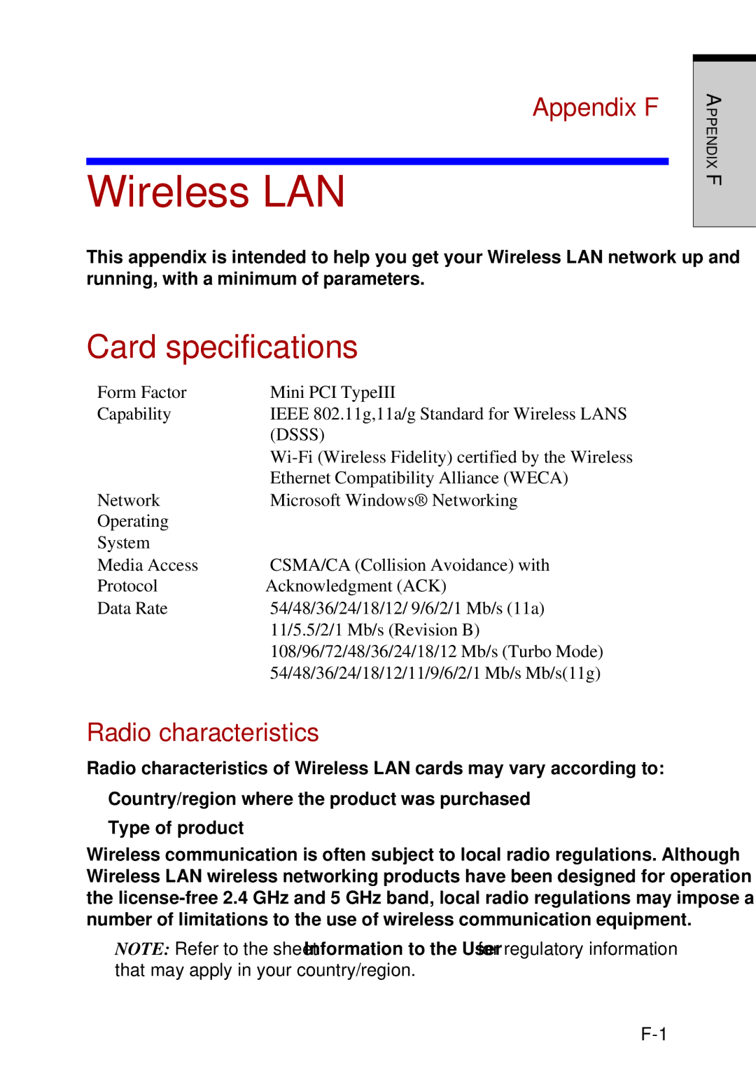 Toshiba A60 user manual Wireless LAN, Card specifications, Appendix F, Radio characteristics 