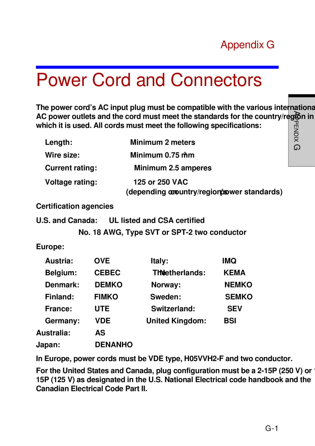 Toshiba A60 user manual Power Cord and Connectors, Appendix G 