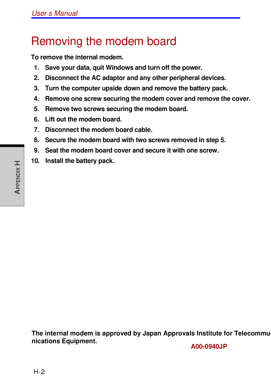 Toshiba A60 user manual Removing the modem board, User’s Manual 