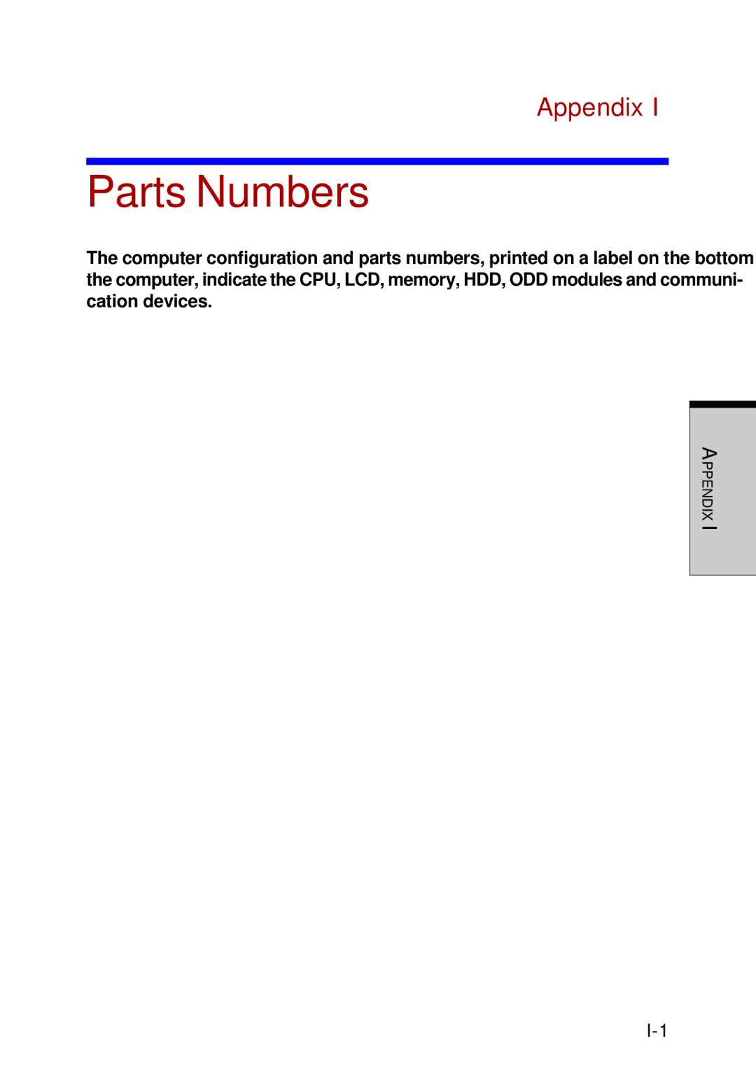 Toshiba A60 user manual Parts Numbers, Appendix 