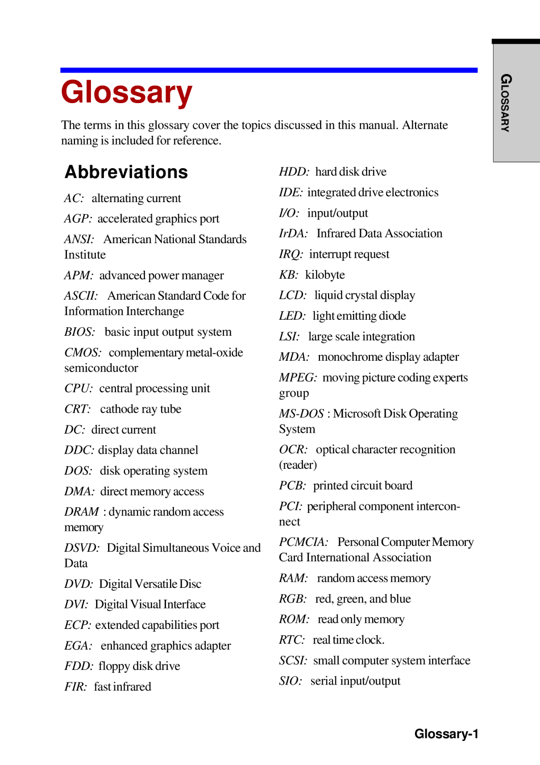 Toshiba A60 user manual Glossary-1 