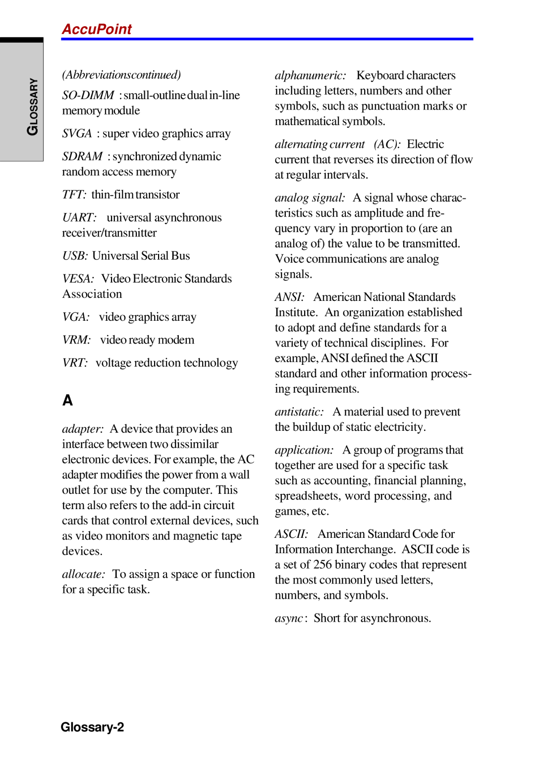 Toshiba A60 user manual AccuPoint, Glossary-2 