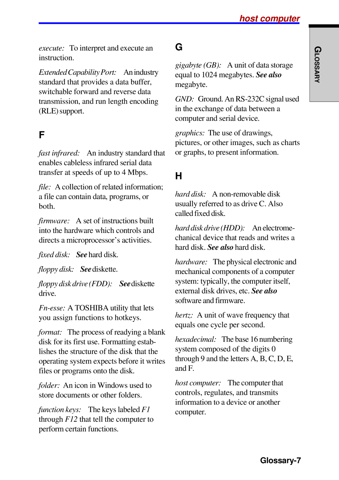 Toshiba A60 user manual Host computer, Glossary-7 