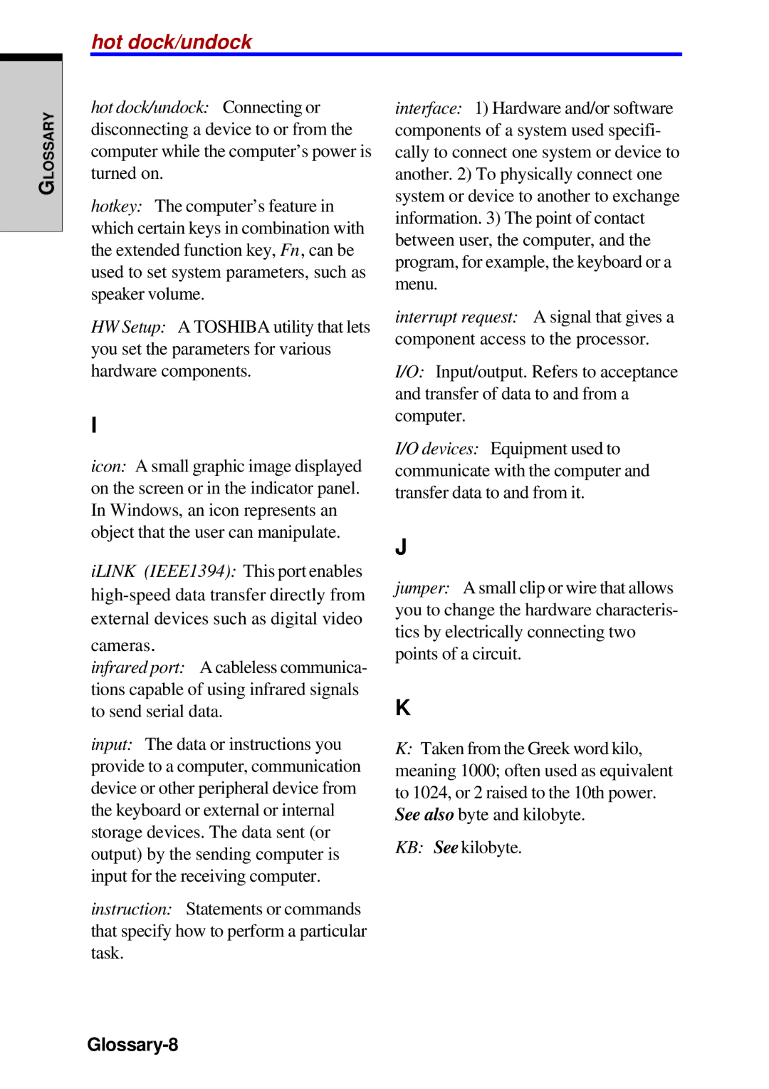 Toshiba A60 user manual Hot dock/undock, Glossary-8 