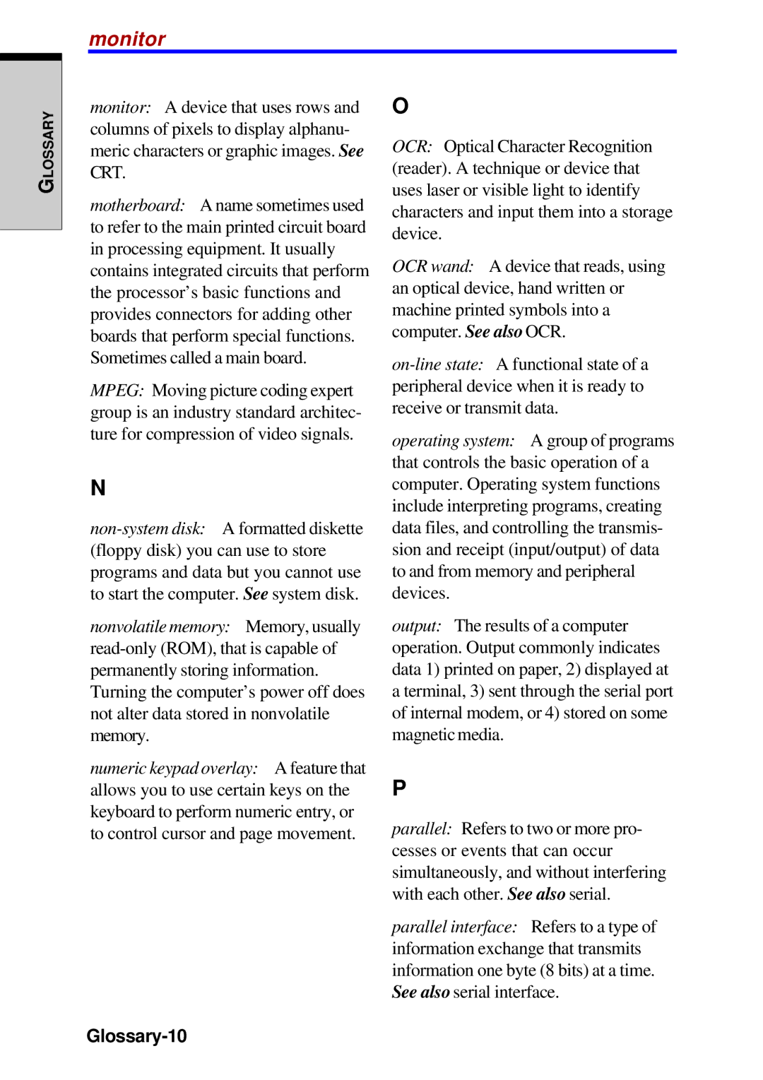 Toshiba A60 user manual Monitor, Glossary-10 