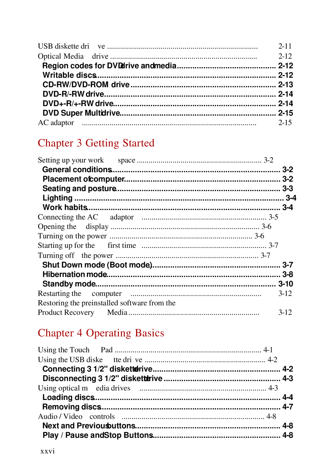 Toshiba A60 user manual Getting Started, Operating Basics, Restoring the preinstalled software from, Xxvi 