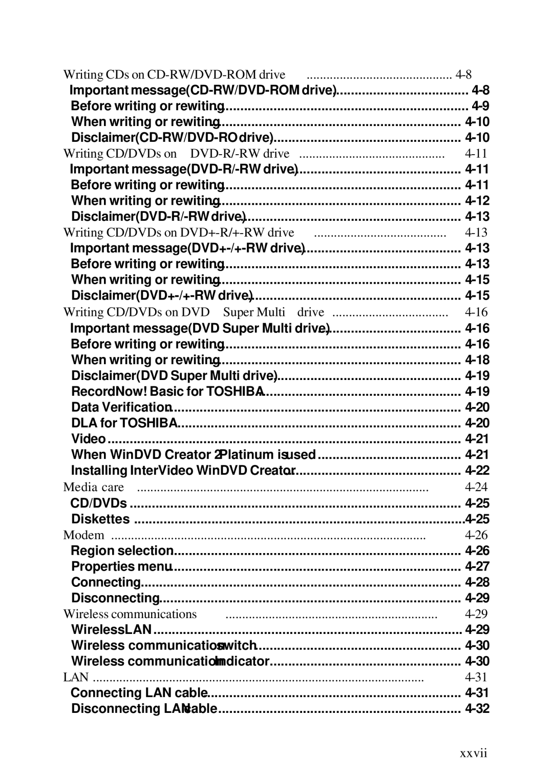 Toshiba A60 user manual Xxvii, Writing CDs on CD-RW/DVD-ROM drive 