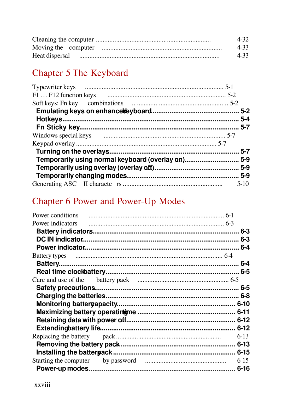 Toshiba A60 user manual Keyboard, Power and Power-Up Modes, Xxviii 