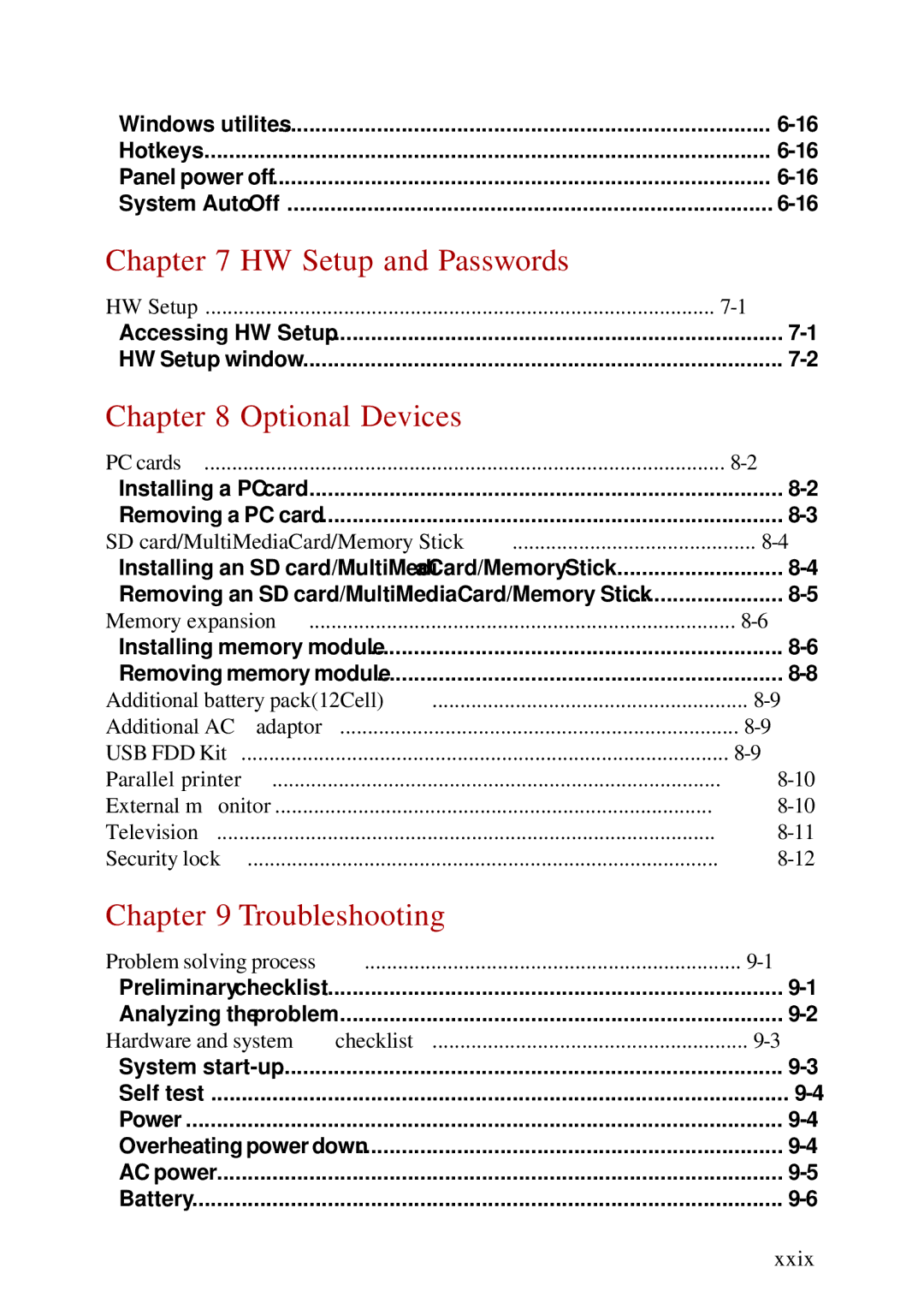 Toshiba A60 user manual HW Setup and Passwords, Optional Devices, Troubleshooting, Xxix 