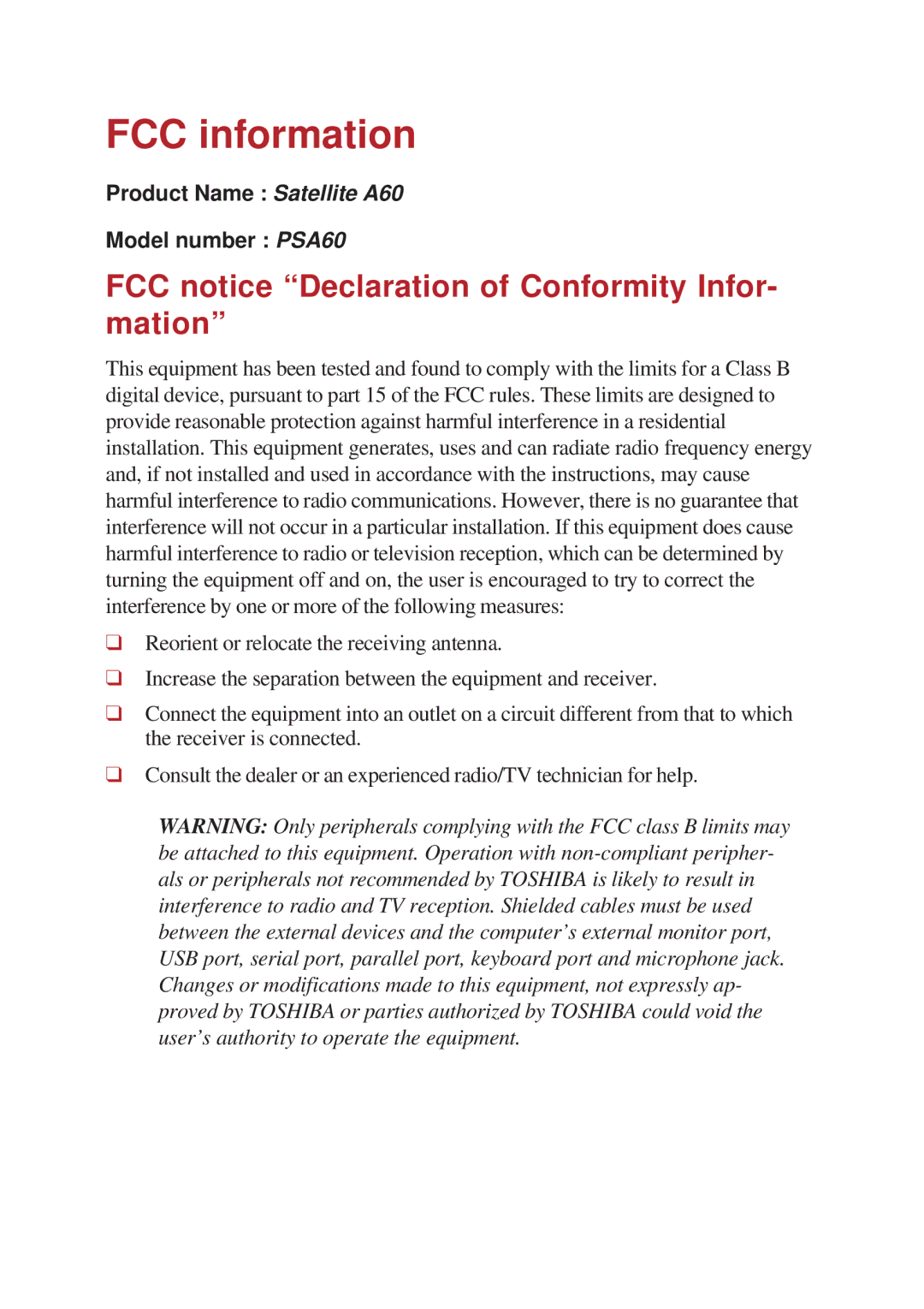 Toshiba A60 user manual FCC information, FCC notice Declaration of Conformity Infor- mation 