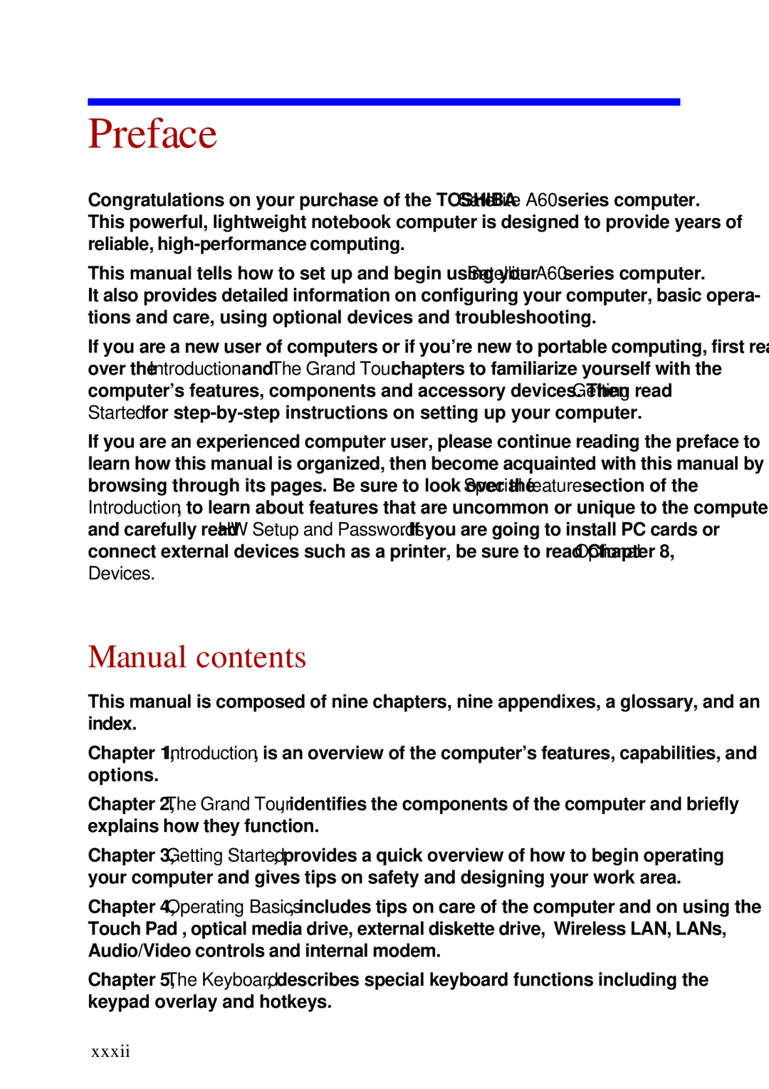 Toshiba A60 user manual Preface, Manual contents 