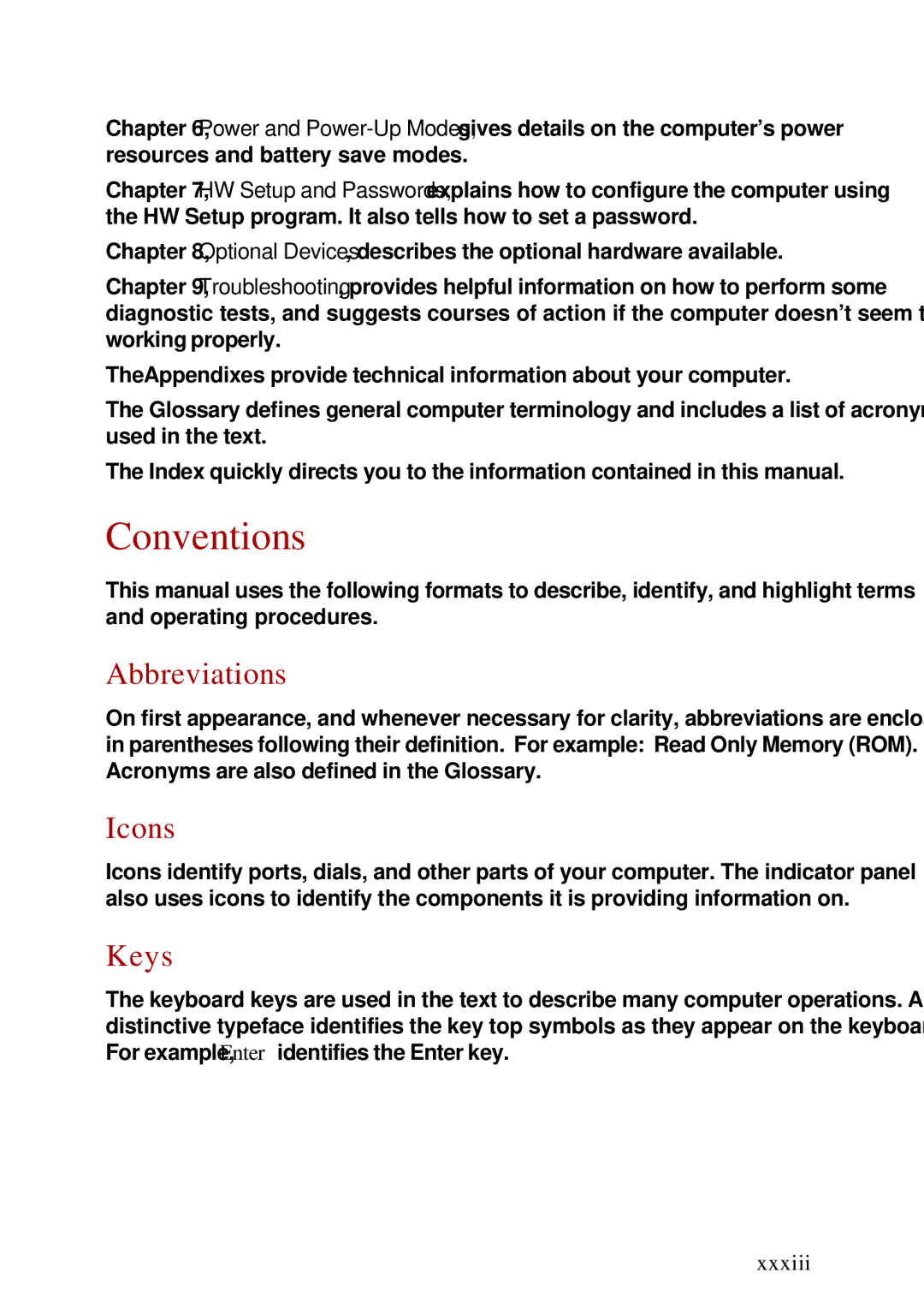 Toshiba A60 user manual Conventions, Abbreviations, Icons, Keys, Xxxiii 