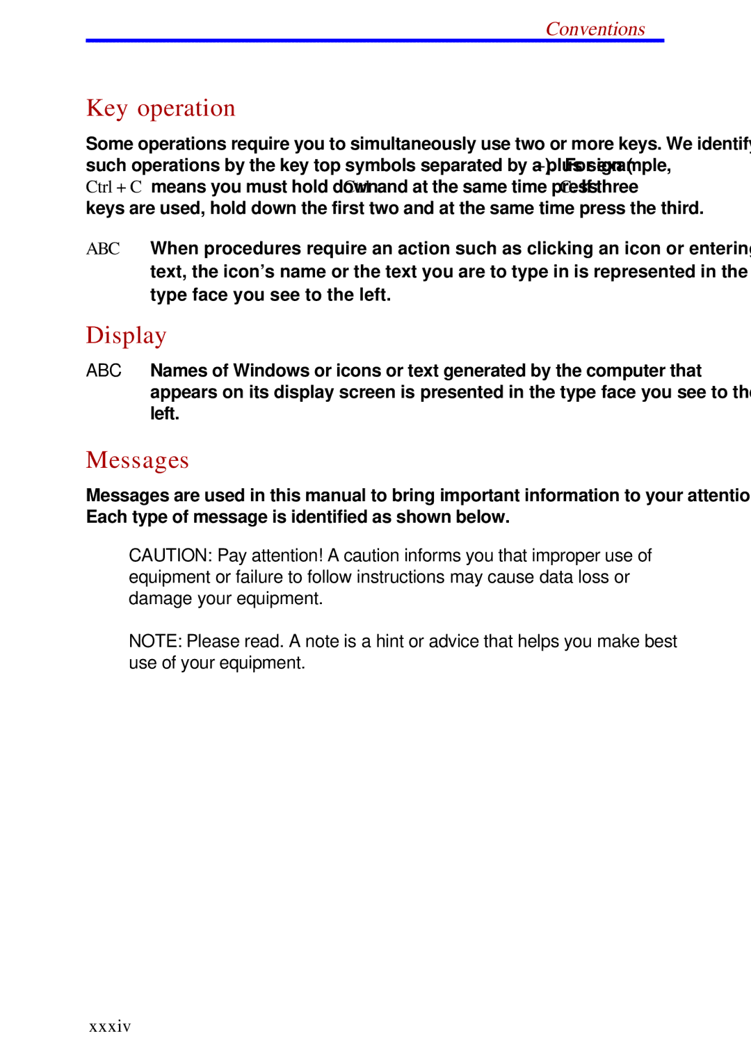 Toshiba A60 user manual Key operation, Display, Messages, Conventions, Xxxiv 