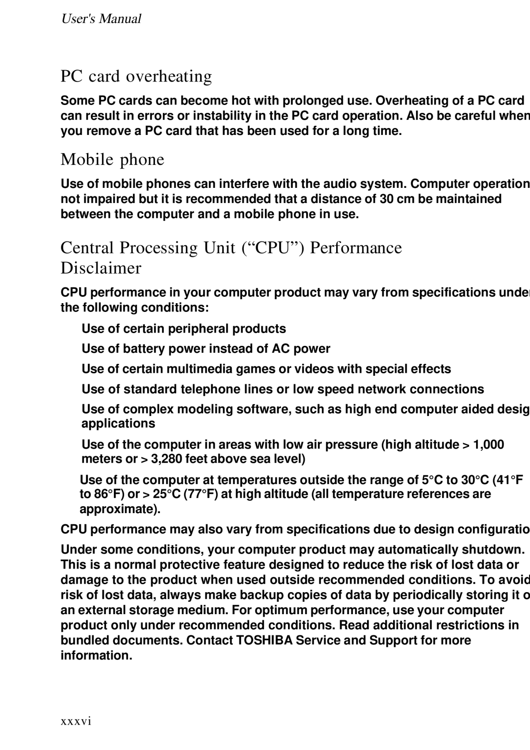 Toshiba A60 user manual PC card overheating, Mobile phone, Central Processing Unit CPU Performance Disclaimer, Xxxvi 