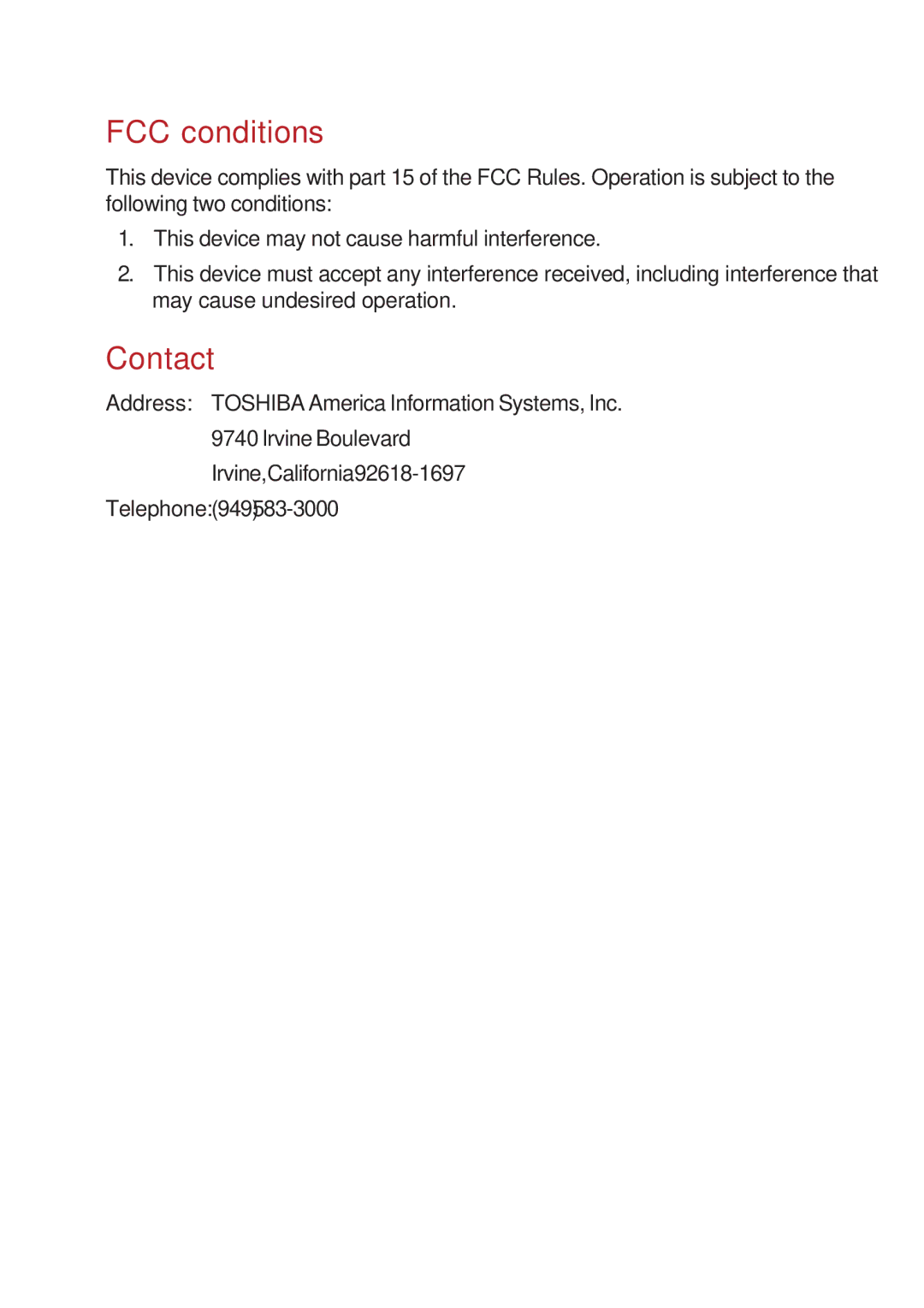 Toshiba A60 user manual FCC conditions, Contact 