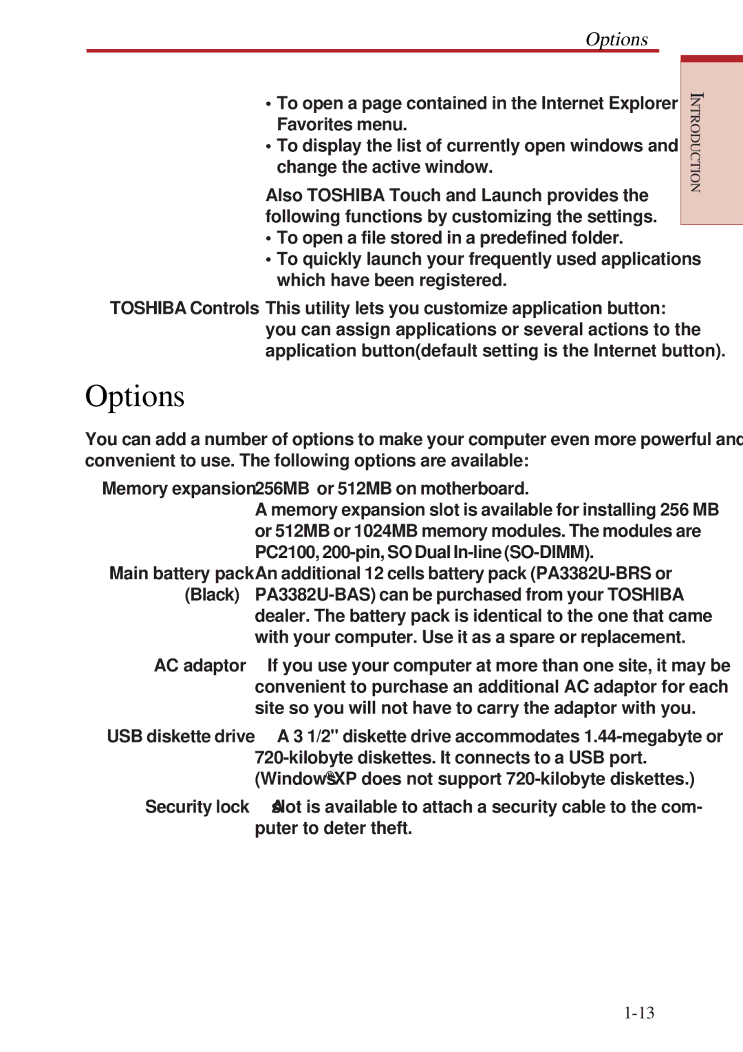 Toshiba A60 user manual Options 